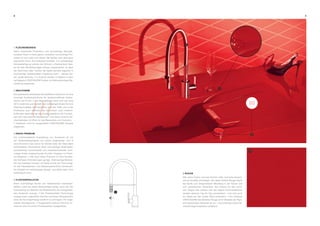 8 9
1 FLÄCHENBÜNDIG
Wenn industrielle Produktion und hochwertige Manufak-
turarbeit Hand in Hand gehen, entstehen hochwertige Pro-
dukte mit viel Liebe zum Detail. Bei Spülen wird dies ganz
besonders durch ihre Einbauart sichtbar. • In aufwändiger
Einzelanfertigung werden bei Schock in Deutschland Spü-
len für den flächenbündigen Einbau umgearbeitet, so dass
der Steinmetz oder Tischler die Spüle beinahe fugenlos in
hochwertige Arbeitsplatten integrieren kann - kleines De-
tail, große Wirkung. • In Zukunft werden 13 Spülen in allen
verfügbaren CRISTADUR® Farben mit flächenbündiger Be-
arbeitung angeboten.
2 INDUTHERM
Die patentierte beheizbare Abtropffläche Indutherm ist eine
luxuriöse Zusatzausstattung für leidenschaftliche Hobby-
köche und Profis. • Die Abtropffläche lässt sich auf circa
50°C erwärmen und ist damit ein vollwertiger Ersatz für eine
Wärmeschublade. Mit Indutherm wird der Teller wie in der
Profiküche auch während des Anrichtens noch erwärmt.
Außerdem beschleunigt die Strahlungswärme die Trocken-
zeit nach dem Geschirrabwaschen. • Ein Must-have für Kü-
chenliebhaber mit Blick für das Besondere und Exklusive.
• Indutherm wird für ausgewählte CRISTADUR® Modelle
angeboten.
3 IDEOS PREMIUM
Die unterschiedliche Ausstattung von Armaturen ist mit
der Verschiedenartigkeit von Autos vergleichbar: Von A
nach B kommt man schon für kleines Geld. Ein besonders
komfortables Fahrerlebnis dank hochwertiger Materialien,
durchdachter Funktionalität und umweltschonender Tech-
nologie finden anspruchsvolle Kunden hingegen im Premi-
um-Segment. • Die neue Ideos Premium ist eine Armatur,
die höchsten Anforderungen genügt. Hochwertige Materia-
lien wie Edelstahl werden mit State-of-the-Art-Technologi-
en wie Flüsterperlator und Wassersparfunktion kombiniert.
So entsteht ein erstklassiges Design, das dabei aber nicht
aufdringlich wirkt.
4 FLÜSTERPERLATOR
Wenn hochwertige Küche und Wohnbereich ineinander-
fließen, nutzt die beste Musikanlage wenig, wenn bei der
Zubereitung von Speisen der Wasserstrahl ein raumgreifen-
des Geräusch erzeugt. • Die Flüsterperlator-Technologie
erzeugt einen unglaublich weichen und leisen Wasserstrahl,
ohne die Durchlaufmenge merklich zu verringern. Für unge-
trübten Musikgenuss. • Ausgewählte Schock Premium Ar-
maturen sind mit einem Flüsterperlator ausgestattet.
5 ROUGE
Wer seine Küche und das Kochen liebt, hat hohe Ansprü-
che an Qualität und Design. Der satte Farbton Rouge macht
die Spüle zum designstarken Blickfang in der Küche und
zum persönlichen Statement. Die Freude an den schö-
nen Dingen des Lebens und das eigene Kochverständnis
werden dadurch Tag für Tag symbolisiert - und sind auch
für Gäste auf den ersten Blick ersichtlich. • Die limitierte
CRISTADUR® Sonderfarbe Rouge ist für Modelle der High-
end-Spülenserie Waterfall für Ein- und Unterbau sowie flä-
chenbündige Installation erhältlich.
 