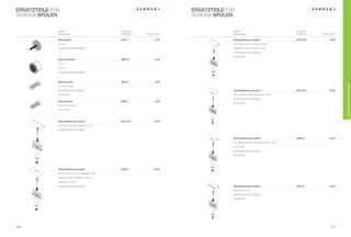 ersatZteile Für                                                                    ersatZteile Für
sCHOCK spülen                                                                      sCHOCK spülen


              Artikel-                               ersatzteil                                  Artikel-                                 ersatzteil
              Bezeichnung                            Artikel-Nr.   preis in euro                 Bezeichnung                              Artikel-Nr.   preis in euro

              überlaufsieb                           628117                9,00                  überlaufblende komplett                  628116/2             19,00
              35 mm                                                                              Für primus d-150 / primus d-200 /
              Ausführung schock-design                                                           Waterfall d-150 / Horizont d-150
                                                                                                 Ausführung schock-design
                                                                                                 ab 05.2000
              überlaufrosette                        628118                9,00
              7,00
              35 mm
              Ausführung schock-design



              hohlschraube                           628121                9,00




                                                                                                                                                                        ersatZteile / schock easY care
              tG 40 mm lang
              Ausführung schock-design                                                           überlaufblende komplett                  628116/3             19,00
              ab 05.2000                                                                         Für Campus d-100 / Campus d-100 l
                                                                                                 Ausführung schock-design
              hohlschraube                           628211                9,00
                                                                                                 ab 05.2000
              sanit 30 mm lang
              bis 05.2000




              überlaufblende komplett                628115/2             19,00
              Für primus d-100 / Horizont d-100
              Ausführung schock-design


                                                                                                 überlaufblende komplett                  628119               19,00
                                                                                                 Für Campus d-200 / Campus N-200 / Cam-
                                                                                                 pus d-150
                                                                                                 Ausführung schock-design
                                                                                                 ab 05.2000




              überlaufblende komplett                628131               19,00
              Für primus N-100 Xl / Grando M-100 /
              titanos M-100 / Grando N-100 Xl /
              Horizont d-100 s
              Ausführung schock-design                                                           überlaufblende komplett                  628122               19,00
                                                                                                 Für Venus d-100
                                                                                                 Ausführung schock-design
                                                                                                 ab 05.2000




176                                                                                                                                                             177
 