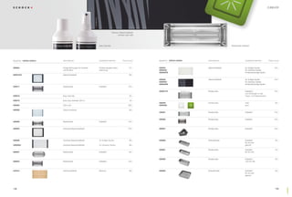 ZUBEHÖR




                                                                             Premium Glasschneidbrett
                                                                                   schwarz oder weiß




                                                             Easy Care Set                                                                              Resteschale Edelstahl




Bestell-Nr. 629004-629044   Informationen                    Zusatzinformationen         Preis in Euro   Bestell-Nr. 629045-629063   Informationen                      Zusatzinformationen        Preis in Euro


629004                      Fertige Bohrungen für Exzenter   Positionsangabe siehe               37,–    629045                      Glasschneidbrett                   für Auﬂage-Spülen                 140,–
                            und Armatur                      Zeichnung                                   629045U                                                        für Unterbau-Spülen
                                                                                                         629045FB                                                       für ﬂächenbündige Spülen
629015/N                    Glasschneidbrett                                                     99,–

                                                                                                         629046                      Glasschneidbrett                   für Auﬂage-Spülen                 140,–
                                                                                                         629046U                                                        für Unterbau-Spülen
                                                                                                         629046FB                                                       für ﬂächenbündige Spülen
629017                      Resteschale                      Edelstahl                          140,–

                                                                                                         629047/N                    Resteschale                        Edelstahl                         140,–
                                                                                                                                                                        zum Einhängen in das
629018                      Easy Care Set                                                        30,–                                                                   Haupt- und Nebenbecken

629019                      Easy Care Aufheller 250 ml                                           16,–
                                                                                                         629049                      Resteschale                        weiß                               65,–
629024                      LED-Licht                                                           295,–    629049G                                                        grün

629028                      Glasschneidbrett                                                     99,–
                                                                                                         629051                      Resteschale                        Edelstahl                         140,–


                                                                                                         629056                      Resteschale                        Edelstahl                         140,–
629029                      Resteschale                      Edelstahl                          140,–


629033                      Universal Glasschneidbrett                                          120,–    629057                      Resteschale                        Edelstahl                         140,–




629036                      Universal Glasschneidbrett       für Auﬂage-Spülen                   99,–    629060                      Abtropfschale                      Edelstahl                          65,–
                                                                                                                                                                        65 mm tief
629036U                     Universal Glasschneidbrett       für Unterbau-Spülen                 99,–                                                                   gelocht

                                                                                                         629061                      Resteschale                        Edelstahl                          54,–
629037                      Resteschale                      Edelstahl                           65,–                                                                   65 mm tief


                                                                                                         629062                      Resteschale                        Edelstahl                          63,–
629043                      Resteschale                      Edelstahl                          140,–                                                                   100 mm tief




629044                      Holzschneidbrett                 Bambus                              99,–    629063                      Abtropfschale                      Edelstahl                          85,–
                                                                                                                                                                        65 mm tief
                                                                                                                                                                        gelocht




                                                                                                                                                                                                                   ZUBEHÖR
198                                                                                                                                                                                                        199
 