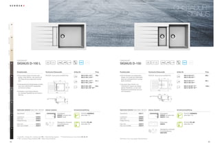 ®
                                                                                                                                                                                                                                                                                CRISTADUR
                                                                                                                                                                                                                                                                                    SIGNUS
Polaris POL




                 99
Magnolia MGL




                 89
Avorio AVO




                 92




                      5,67$'85®                                                                                                                                        5,67$'85®
                                                                      60                                                                                                                                                60




                                                                                                                                                                                                                                       20
                                                                                                                                                                                                                                  12
                                                                              20                                                     ANTIBAC                                                                                                                                                ANTIBAC
                      SIGNUS D-100 L                                                                                                                                    SIGNUS D-150
Bronze BRO




                 87




                      Produktvorteile                                Technische Einbaumaße                                  Artikel-Nr.                        Preis    Produktvorteile                                     Technische Einbaumaße                                  Artikel-Nr.                         Preis

                      ŘÃÃ LQHÃPRGHUQHÃ6S¾OHÃPLWÃHLQHPÃVHKUÃ
                        (                                            3')';))ÃZZZVFKRFNGH6,*' /                                      SIG D 100 L A S***   799,–    ŘÃÃ LHÃ.RPELQDWLRQÃDXVÃNODVVLVFKHPÃÃ
                                                                                                                                                                          '                                                 3')';))ÃZZZVFKRFNGH6,*' $                                       SIG D 150 A S***      985,–
Chocolate CHO




                 86
                        JUR¡HQÃWLHIHQÃ%HFNHQÃGDVÃRSWLRQDOÃPLWÃ                                                                          SIG D 100 L A W***              'HVLJQÃXQGÃPRGHUQVWHUÃ0DWHULDOLW¦WÃÃ                                                                                   SIG D 150 A W***




                                                                                                                                                                                                                                             37,5
                                                                                                                                                                                                                                                            417
                        /('Ã%HOHXFKWXQJÃDXIJHZHUWHWÃZHUGHQÃ                                                                                                               O¦VVWÃHLQHÃDX¡HUJHZ¸KQOLFKÃZHUWLJHÃ
                        NDQQ                                                                     551                                     SIG D 100 L U S***   811,–      6S¾OHÃHQWVWHKHQ                                                              a                                        SIG D 150 U S***      997,–
                                                                                37,5




                                                                                       a                                                  SIG D 100 L U W***                                                                                                                                     SIG D 150 U W***
                      ŘÃÃ X¡HUJHZ¸KQOLFKHÃ0DWHULDOHLJHQVFKDIWHQÃ
                        $                                                                                                                                               ŘÃÃ LHÃH[WUHPÃIHLQHÃ6WUXNWXUÃYRQÃÃ
                                                                                                                                                                          '




                                                                                                                                                                                                                                                                    430

                                                                                                                                                                                                                                                                          500
                        GXUFKÃGHQÃ5,67$'85®Ã$ESHUOHIIHNWÃ                                                                                SIG D 100 L FB**      849,–     5,67$'85®ÃHUODXEWÃHLQHÃI¾KOEDUÃÃ                                                                                      SIG D 150 FB** S***   1035,–
                                                                                                             430

                                                                                                                      500




                        XQGÃ6FKRFNÃ$QWLEDF                                                                                               SIG D 100 L FB** W***           JODWWHUHÃ2EHUƃ¦FKHÃVRÃNDQQÃVLFKÃÃ                                        b                                            SIG D 150 FB** W***
                                                                                                                                                                          EDNWHULHQYHUXUVDFKHQGHUÃ6FKPXW]ÃÃ
Stone STO




                 88
                                                                                       b                                                                                                                                                    1000
                      ŘÃÃ HUI¾JEDUÃLQÃGUHLÃ(LQEDXYDULDQWHQÃÃ
                        9                                                                                                                                                 QLFKWÃIHVWVHW]HQ
                                                                                           1000
                        I¾UÃPD[LPDOHÃ)OH[LELOLW¦WÃEHLÃGHUÃ.¾FKHQÃ
                                                                                                                                                                                                                                             159            344
                        SODQXQJ
                                                                                                  478




                                                                                                                                                                                                                                                                          304
                                                                                                                                                                                                                                                                    5
                                                                                                                304




                                                                                                            7
Carbonium CAR




                 90




                      Optionales Zubehör VLHKHÃ6HLWHÃ ('! )       Inklusiv Zubehör                                       Armaturenempfehlung                         Optionales Zubehör VLHKHÃ6HLWHÃ ('! )            Inklusiv Zubehör                                       Armaturenempfehlung

                      *HVFKLUUNRUE                    629171                                 6FKQHLGEUHWW                                 6+2.ÃHERMERA                *HVFKLUUNRUE                     629171                                     6FKQHLGEUHWW                                 6+2.ÃHERMERA
                                                                                             629046*ÃVFKZDU]ÃRGHU                       VLHKHÃ6HLWHÃ %                                                                                           629046*ÃVFKZDU]ÃRGHU                       VLHKHÃ6HLWHÃ %
Magma MAG




                 97
                      FRPIRWRXFK                      629830                                 629045*ÃZHL¡                                                             FRPIRWRXFK                       629830                                     629045*ÃZHL¡
                      /('/LFKW                       629024                                                                                                            /('/LFKW                        629024
                      )HUWLJHÃ%RKUXQJ                 629004                                                                                                            )HUWLJHÃ%RKUXQJ                  629004
                                                                                             $EODXIJDUQLWXUÃ.RUEYHQWLOÃ                 6+2.ÃSC-300                                                                                             5HVWHVFKDOH                                  6+2.ÃSC-300
                      (DVÃDUH                       629018                                 ([]HQWHUEHGLHQXQJ                            VLHKHÃ6HLWHÃ %#               (DVÃDUH                        629018                                     629043                                       VLHKHÃ6HLWHÃ %#
                      (DVÃDUHÃ$XIKHOOHU             629019                                 629371PD                                                                   (DVÃDUHÃ$XIKHOOHU              629019
Puro PUR




                 84
                                                                                                                                                                                                                                                    $EODXIJDUQLWXUÃ.RUEYHQWLOÃ
                                                                                                                                                                                                                                                    ([]HQWHUEHGLHQXQJ
                                                                                                                                                                                                                                                    629373PD

                      *Ã=XVDW] A Ã$XƃDJH U Ã8QWHUEDXÃRGHU FB Ã)O¦FKHQE¾QGLJÃDQJHEHQÃÃÃÃÃ** )O¦FKHQE¾QGLJÃQXUÃLQÃGHQÃ)DUEHQÃ90Ã92 97
                      *** SÃ ÃVFKZDU]HVÃ*ODVVFKQHLGEUHWW0ÃWÃ ÃZHL¡HVÃ*ODVVFKQHLGEUHWW                                                                                   $OOHÃ3UHLVHÃLQÃ(XURÃ]]JOÃJHVHW]OÃ0HKUZHUWVWHXHU

                84                                                                                                                                                                                                                                                                                                         85
 