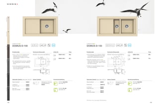 26
Everest GEV




                08
Colorado GCO




                                        ®                                                                                                                                            ®

                                                                  45                                                                                                                                               60




                                                                                                                                                                                                                            20

                                                                                                                                                                                                                                  20
                                                                         20                                            ANTIBAC                                                                                                                                                   ANTIBAC
                63
                     DOMUS D-100                                                                                                                                  DOMUS D-150
Mocha GMC




                     Produktvorteile                               Technische Einbaumaße                                  Artikel-Nr.                     Preis   Produktvorteile                                     Technische Einbaumaße                                     Artikel-Nr.                     Preis

                     ŘÃÃ HUÃLQÃ
                       '                    ®
                                              integrierte anti-    3')';))ÃZZZVFKRFNGH'20'                                        DOM D 100 A       555,–   ŘÃÃ LHÃ.RPELQDWLRQÃDXVÃPRGHUQHPÃ'HVLJQÃ
                                                                                                                                                                    '                                                 3')';))ÃZZZVFKRFNGH'20' $                                          DOM D 150 A       695,–
                       EDNWHULHOOHÃ6FKXW]ÃVRUJWÃI¾UÃHLQHQÃ                                                                                                          XQGÃWUHQGLJHUÃ0DWHULDOLW¦WÃO¦VVWÃHLQHÃDX¡HU                                         460
                                                                                                                                                                                                                                       188         188
                                                                                                                                                                    JHZ¸KQOLFKÃZHUWLJHÃ6S¾OHÃHQWVWHKHQ
                                                                              33




                       unbeschwerten Umgang mit frischen                           130 130




                                                                                                                                                                                                                             33
                       /HEHQVPLWWHOQ                                              a     b     c                                        DOM D 100 U       567,–                                                                        a           b      c                                   DOM D 150 U       707,–
                                                                                                                                                                                                     ®
                12                                                                                                                                                ŘÃÃ LWÃVHFKVÃLQWHQVLYHQÃ
                                                                                                                                                                    0
Inox GIN




                     ŘÃÃ LQÃDX¡HUJHZ¸KQOLFKÃVFK¸QHVÃJHUDGOLQL-
                       (                                                                                                                                            )DUEHQÃZLUGÃGLHVHÃ6S¾OHÃ]XPÃSU¦JHQGHQÃ
                                                                                                                525
                                                                                                        380




                                                                                                                                                                                                                                                                   380

                                                                                                                                                                                                                                                                         525
                       JHVÃ'HVLJQÃJDQ]ÃLPÃ6WLOÃGHUÃPRGHUQHQÃ                                                                                                        )DUEWXSIHQÃLQÃGHUÃ.¾FKHÃŎÃJDQ]ÃLPÃ7UHQGÃ
                       Küche.                                                                                                                                       GHVÃFRORXUEORFNLQJV
                                                                                   d     e     f                                                                                                                                       d           e      f
                     ŘÃÃ LHÃ)XQNWLRQDOLW¦WÃNDQQÃEHLVSLHOVZHLVHÃ
                       '                                                           920                                                                            ŘÃÃ HUIHNWÃPLWÃGHUÃJOHLFKIDUELJHQÃ$UPDWXUÃ
                                                                                                                                                                    3                                                                      1060
                       durch ein Glasschneidbrett oder comfo-                                                                                                       6ÃNRPELQLHUEDU
                                                                                             379                                                                                                                                            161          343
                       touch erweitert werden.
                                                                                               25




                                                                                                                                                                                                                                                                         330
                                                                                                              330




                                                                                                       35                                                                                                                                                          30
Onxy GON




                10




                     Optionales Zubehör (siehe Seite ('! )       Inklusiv Zubehör                                       Armaturenempfehlung                     Optionales Zubehör (siehe Seite ('! )             Inklusiv Zubehör                                          Armaturenempfehlung

                     Glasschneidbrett                 629033                             Ablaufgarnitur, Korbventil,                    SCHOCK GALATEA            Glasschneidbrett                 629033                                         Ablaufgarnitur, Korbventil,                 SCHOCK GALATEA
                                                                                         Exzenterbedienung                              siehe Seite 174                                                                                           Exzenterbedienung                           siehe Seite 174
                     comfotouch                       629830                             629352                                                                   Resteschale                      629047/N                                       629349
                     )HUWLJHÃ%RKUXQJ                  629004
                                                                                                                                                                  comfotouch                       629830
Nero GNE




                13
                     Easy Care                        629018                                                                            SCHOCK SC-300             )HUWLJHÃ%RKUXQJ                  629004                                                                                     SCHOCK SC-300
                     Easy Care Aufheller              629019                                                                            siehe Seite 164                                                                                                                                       siehe Seite 164
                                                                                                                                                                  Easy Care                        629018
                                                                                                                                                                  Easy Care Aufheller              629019




                                                                                                                                                                  Alle Preise in Euro zzgl. gesetzl. Mehrwertsteuer

               108                                                                                                                                                                                                                                                                                                109
 