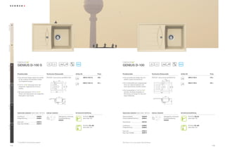 26
Everest GEV




                08
Colorado GCO




                                       ®                                                                                                                                          ®

                                                                      45      20                                        ANTIBAC                                                                                45        20                                         ANTIBAC
                63
                     GENIUS D-100 S                                                                                                                            GENIUS D-100
Mocha GMC




                     Produktvorteile                                Technische Einbaumaße                              Artikel-Nr.                     Preis   Produktvorteile                                     Technische Einbaumaße                               Artikel-Nr.                     Preis

                     ŘÃÃ DVÃYHUN¾U]WHÃ'HVLJQÃHLJQHWÃVLFKÃSHUIHNWÃ
                       '                                            3')';))ÃZZZVFKRFNGH*(1' 6                                  GEN D 100 S A     439,–   ŘÃÃ DVÃVPSDWKLVFKHÃ'HVLJQÃI¾JWÃVLFKÃ
                                                                                                                                                                 '                                                 3')';))ÃZZZVFKRFNGH*(1'                                     GEN D 100 A       475,–
                       für die moderne Küchenzeile in Stadt-                                                                                                     SHUIHNWÃLQÃMHGHQÃ.¾FKHQVWLOÃHLQ                                      413
                                                                                         404                                                                                                                                            279,5
                       und Singlewohnungen.
                                                                             66




                                                                                                                                                                                                                                 72
                                                                                                                                     GEN D 100 S U     451,–   ŘÃÃ LHÃ)XQNWLRQDOLW¦WÃNDQQÃEHLVSLHOVZHLVHÃ
                                                                                                                                                                 '                                                                                                                   GEN D 100 U       487,–
                                     ®                                             a                                                                                                                                             a
                12   ŘÃÃ               überzeugt durch den                                                                                                       durch ein Glasschneidbrett oder
Inox GIN




                                                                                                         460
                                                                                                  344




                       LQWHJULHUWHQÃ+JLHQHVFKXW]Ã6FKRFNÃ                                                                                                        HLQHQÃ*HVFKLUUNRUEÃHUZHLWHUWÃZHUGHQ




                                                                                                                                                                                                                                                         502
                                                                                                                                                                                                                                                 386
                       Antibac.                                                    b
                                                                                                                                                                                                     ®
                                                                                                                                                                                                                                 b
                                                                                                                                                               ŘÃÃ LHÃ4XDU]SDUWLNHOÃLQÃ
                                                                                                                                                                 '
                                                          ®                        680
                     ŘÃÃ LWÃVHFKVÃLQWHQVLYHQÃ
                       0                                                                                                                                         VFK¾W]HQÃGLHÃ6S¾OHÃODQJIULVWLJÃYRUÃ                           862
                       )DUEHQÃZLUGÃGLHVHÃ6S¾OHÃ]XPÃSU¦JHQGHQÃ                                                                                                    Abnutzung und sorgen für eine sehr
                       )DUEWXSIHQÃLQÃGHUÃ.¾FKH                                                                                                                  ODQJHÃ+DOWEDUNHLWÃ
                                                                                         311                                                                                                                                           319




                                                                                                                                                                                                                                                   304
                                                                                                   305




                                                                                                 10
Onxy GON




                10




                     Optionales Zubehör (siehe Seite ('! )        Inklusiv Zubehör                                   Armaturenempfehlung                     Optionales Zubehör (siehe Seite ('! )             Inklusiv Zubehör                                    Armaturenempfehlung

                     comfotouch                      629830                              Ablaufgarnitur, Korbventil,                 SCHOCK ZELOS              Glasschneidbrett                 629036*                               Ablaufgarnitur, Korbventil,                    SCHOCK ZELOS
                     )HUWLJHÃ%RKUXQJ                 629004                              Exzenterbedienung                           siehe Seite (            Holzschneidbrett Bambus          629044                                Exzenterbedienung                              siehe Seite (
                                                                                         629383                                                                                                                                       629383
                     Easy Care                       629018                                                                                                    *HVFKLUUNRUE                     629194
                     Easy Care Aufheller             629019
Nero GNE




                13
                                                                                                                                     SCHOCK SC-300             comfotouch                       629830                                                                               SCHOCK SC-300
                                                                                                                                     siehe Seite 164           )HUWLJHÃ%RKUXQJ                  629004                                                                               siehe Seite 164

                                                                                                                                                               Easy Care                        629018
                                                                                                                                                               Easy Care Aufheller              629019




                     * Zusatz UÃEHLÃ8QWHUEDXVS¾OHÃDQJHEHQ                                                                                                      Alle Preise in Euro zzgl. gesetzl. Mehrwertsteuer

               112                                                                                                                                                                                                                                                                                       113
 