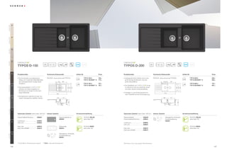 Everest GEV




                26
Colorado GCO




                08
Terra GTE




                38
Gobi GSA




                58
                                       ®                                                                                                                                                            ®

                                                                   60                                                                                                                                                             80




                                                                                                                                                                                                                                             20
                                                                            13

                                                                                 20




                                                                                                                                                                                                                                                  20
                                                                                                                                       ANTIBAC                                                                                                                                                            ANTIBAC
                     TYPOS D-150                                                                                                                                                 TYPOS D-200
Mocha GMC




                63
                     Produktvorteile                                    Technische Einbaumaße                                          Artikel-Nr.                       Preis   Produktvorteile                                       Technische Einbaumaße                                            Artikel-Nr.                       Preis

                     ŘÃÃ LHÃ.RPELQDWLRQÃDXVÃNODVVLVFKHPÃ
                       '                                                3')';))ÃZZZVFKRFNGH73' $                                               TYP D 150 A         785,–   ŘÃÃ X¡HUJHZ¸KQOLFKHÃ)UHLKHLWÃGXUFKÃ]ZHLÃ
                                                                                                                                                                                   $                                                   3')';))ÃZZZVFKRFNGH73'!                                                 TYP D 200 A         695,–
                       'HVLJQÃXQGÃPRGHUQVWHUÃ0DWHULDOLW¦WÃO¦VVWÃ                                                                                     TYP D 150 MAN** A   775,–     JUR¡YROXPLJHÃ6S¾OEHFNHQÃXQGÃHLQHÃ                                                                                                  TYP D 200 MAN** A   685,–
                       HLQHÃDX¡HUJHZ¸KQOLFKÃZHUWLJHÃ6S¾OHÃ                                     120       385                                                                       JUR¡HÃ$EWURSIƃ¦FKH                                                     120 120        450
                                                                                      36




                                                                                                                                                                                                                                                  36
                       entstehen.                                                     a         b                                                    TYP D 150 U         797,–                                                                    a         b     c                                                   TYP D 200 U         707,–
                                                                                                                                                                                                                      ®
                                                                                                                                                     TYP D 150 MAN** U   787,–   ŘÃÃ LHÃ2EHUƃ¦FKHÃYRQÃ
                                                                                                                                                                                   '                                    ist bis                                                                                       TYP D 200 MAN** U   697,–
Graphite GGR




                15
                                                           ®
                     ŘÃÃ LHÃ4XDU]SDUWLNHOÃLQÃ
                       '                                                                                                                                                           zu dreimal so hart wie natürlicher Granit




                                                                                                                                                                                                                                                                                                  500
                                                                                                                                                                                                                                                                                     354
                                                                                                                                                                                                                                                                                            429
                                                                                                                           429
                                                                                                                                 500
                                                                                                                    353




                       VFK¾W]HQÃGLHÃ6S¾OHÃODQJIULVWLJÃYRUÃ                                                                                                                         XQGÃGDKHUÃDEVROXWÃZLGHUVWDQGVI¦KLJ
                       Abnutzung und sorgen für eine sehr                                 c     d                                                                                                                                                      d    e     f
                       ODQJHÃ+DOWEDUNHLW                                                                                                                                        ŘÃÃ HUI¾JEDUÃLQÃ]ZHLÃ(LQEDXYDULDQWHQÃI¾UÃ
                                                                                                                                                                                   9                                                                        1160
                                                                                          1000
                                                                                                                                                                                   PHKUÃ)OH[LELOLW¦WÃEHLÃGHUÃ.¾FKHQSODQXQJ
                     ŘÃÃ LHÃ6S¾OHÃNDQQÃRSWLRQDOÃPLWÃHLQHUÃPD-
                       '
Inox GIN




                12     nuellen Ablaufgarnitur geliefert werden.                               159         312                                                                                                                                              296            377
                                                                                                                     309




                                                                                                                                                                                                                                                                                           308
                                                                                                                5                                                                                                                                                                5
Onxy GON




                10


                     Optionales Zubehör (siehe Seite ('! )            Inklusiv Zubehör                                               Armaturenempfehlung                       Optionales Zubehör (siehe Seite ('! )               Inklusiv Zubehör                                                 Armaturenempfehlung

                     Holzschneidbrett Bambus         629044                                         Glasschneidbrett uni                             SCHOCK ZELOS                Glasschneidbrett                 629036*                                        Ablaufgarnitur, Korbventil,                          SCHOCK ZELOS
                                                                                                    629036*                                          siehe Seite (              Holzschneidbrett Bambus          629044                                         Exzenterbedienung                                    siehe Seite (
                     comfotouch                      629830                                                                                                                                                                                                      629301
Lava GLA




                40
                     /('/LFKW                       629024                                                                                                                      comfotouch                       629830
                                                                                                                                                                                 /('/LFKW                        629024
                     Easy Care                       629018                                         Resteschale                                      SCHOCK NEOS                                                                                                                                                      SCHOCK NEOS
                     Easy Care Aufheller             629019                                         629043                                           siehe Seite 182             Easy Care                        629018                                                                                              siehe Seite 182
                                                                                                                                                                                 Easy Care Aufheller              629019

                                                                                                    Ablaufgarnitur, Korbventil,
Nero GNE




                13
                                                                                                    Exzenterbedienung
                                                                                                    629301



                     * Zusatz UÃEHLÃ8QWHUEDXVS¾OHÃDQJHEHQÃÃÃÃÃÃ** MAN = Manuelle Ablaufgarnitur                                                                                  Alle Preise in Euro zzgl. gesetzl. Mehrwertsteuer

               146                                                                                                                                                                                                                                                                                                                          147
 