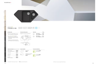 Everest GEV




                26
Colorado GCO




                08
Terra GTE




                38
Gobi GSA




                58
                                       ®

                                                                 80     90
                                                                                   20

                                                                                          18


                                                                                                                                    ANTIBAC
                     TYPOS C-150
Mocha GMC




                63
                     Produktvorteile                                  Technische Einbaumaße                                Artikel-Nr.                       Preis

                     ŘÃÃ RGHUQHVÃ(FNVS¾OHQGHVLJQÃPLWÃYLHOÃ
                       0                                              3')';))ÃZZZVFKRFNGH73 $                                     TYP C 150 A         859,–
                       Platz zum Waschen und Abwaschen.                                                                                  TYP C 150 MAN** A   849,–
                                                                                                   277
                                                                                         63




                                            ®
                     ŘÃÃ HUÃLQÃ
                       '                      integrierte                                      a                                         TYP C 150 U         871,–
                       DQWLEDNWHULHOOHÃ6FKXW]ÃVRUJWÃI¾UÃHLQHQÃ                                                                           TYP C 150 MAN** U   861,–
Graphite GGR




                15
                                                                                                         337


                                                                                                                     500
                                                                                                               439




                       unbeschwerten Umgang mit frischen
                       /HEHQVPLWWHOQ
                                                                                          b

                       9
                     ŘÃÃ HUI¾JEDUÃLQÃ]ZHLÃ(LQEDXYDULDQWHQÃI¾UÃ                     979
                       PHKUÃ)OH[LELOLW¦WÃEHLÃGHUÃ.¾FKHQSODQXQJ

                                                                                   349             250
Inox GIN




                12
                                                                                                               313
Onxy GON




                10


                     Optionales Zubehör (siehe Seite ('! )          Inklusiv Zubehör                                     Armaturenempfehlung

                     Glasschneidbrett                629036*                             Resteschale                                     SCHOCK ZELOS
                     Holzschneidbrett Bambus         629044                              629244                                          siehe Seite (
Lava GLA




                40
                     *HVFKLUUNRUE                    629170
                                                                                         Ablaufgarnitur, Korbventil,
                     comfotouch                      629830                              Exzenterbedienung                               SCHOCK NEOS
                     /('/LFKW                       629024                              629305                                          siehe Seite 182

                     Easy Care                       629018
                     Easy Care Aufheller             629019
Nero GNE




                13




                     * Zusatz UÃEHLÃ8QWHUEDXVS¾OHÃDQJHEHQÃÃÃÃÃÃ** MAN = Manuelle Ablaufgarnitur                                                                      Alle Preise in Euro zzgl. gesetzl. Mehrwertsteuer

               148                                                                                                                                                                                                       149
 