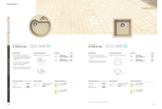 Everest GEV




                26
Colorado GCO




                08




                                       ®                                                                                                                                                  ®

                                                                50     18                                  ANTIBAC                                                                                                  40         21                            ANTIBAC
                     X-TRA R-125                                                                                                                                       X-TRA N-100
Mocha GMC




                63




                     Produktvorteile                                 Technische Einbaumaße                                   Artikel-Nr.                       Preis   Produktvorteile                                     Technische Einbaumaße                            Artikel-Nr.                       Preis

                     ŘÃÃ LHÃ.RPELQDWLRQÃDXVÃNODVVLVFKHPÃ
                       '                                             3')';))ÃZZZVFKRFNGH;755 !$                                        XTR R 125 A         419,–   ŘÃÃ HUIHNWÃNRPELQLHUEDUÃPLWÃGHQÃPLWÃ
                                                                                                                                                                         3                                                 3')';))ÃZZZVFKRFNGH;751                                  XTR N 100 A         325,–
                                                                                                                                                                                      ®
                       'HVLJQÃXQGÃPRGHUQVWHUÃ0DWHULDOLW¦WÃO¦VVWÃ                                                                           XTR R 125 MAN** A   409,–                   ÃXPPDQWHOWHQÃ6FKRFNÃ6Ã                                                                            XTR N 100 MAN** A   315,–
                                                                                  72,5
                       HLQHÃDX¡HUJHZ¸KQOLFKÃZHUWLJHÃ6S¾OHÃ                               7,5                                                                             Armaturen.
                                                                             45




                       entstehen.                                                                                                          XTR R 125 U         431,–                                                                                                                      XTR N 100 U         337,–
                                                                            73




                                                                                         b
                                                                                     a
                                                                                                                                           XTR R 125 MAN** U   421,–   ŘÃÃ LHÃ6S¾OHÃNDQQÃRSWLRQDOÃPLWÃHLQHUÃPD-
                                                                                                                                                                         '                                                                                                                XTR N 100 MAN** U   327,–
Inox GIN




                12




                                                                                                                                                                                                                                    331
                                    ®
                     ŘÃÃ              ist einfach zu reinigen                                                                                                            nuellen Ablaufgarnitur geliefert werden.
                       XQGÃH[WUHPÃUREXVWÃŎÃSHUIHNWÃI¾UÃGLHÃ
                       Belastungen des Alltags.

                     ŘÃÃ XQNWLRQDOHVÃ6S¾OHQGHVLJQÃPLWÃJUR¡HPÃ
                       )
                       6S¾OEHFNHQÃXQGÃNOHLQHPÃ5HVWHEHFNHQ                                                                                                                                                                                331
Onxy GON




                10




                     Optionales Zubehör (siehe Seite ('! )         Inklusiv Zubehör                                        Armaturenempfehlung                       Optionales Zubehör (siehe Seite ('! )             Inklusiv Zubehör                                 Armaturenempfehlung

                     comfotouch                      629830                                    Ablaufgarnitur, Korbventil,                 SCHOCK LEVA                 comfotouch                       629830                                Ablaufgarnitur, Korbventil,                 SCHOCK LEVA
                                                                                               Exzenterbedienung                           siehe Seite 179                                                                                    Exzenterbedienung                           siehe Seite 179
                     Easy Care                       629018                                    629343                                                                  Easy Care                        629018                                629313
                     Easy Care Aufheller             629019                                                                                                            Easy Care Aufheller              629019
Nero GNE




                13
                                                                                                                                           SCHOCK SC-50                                                                                                                                   SCHOCK SC-50
                                                                                                                                           siehe Seite 166                                                                                                                                siehe Seite 166




                                                                                                                                                                       Alle Preise in Euro zzgl. gesetzl. Mehrwertsteuer

               156                                                                                                                                                                                                                                                                                              157
 