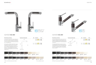 ARMATUREN




                                                                                                                                                                   **


SCHOCK SC-300                                                                                                                                                           SCHOCK SC-200

Beschreibung und Extras                                     Technische Einbaumaße                                     SB*       Artikel-Nr.            Preis            Beschreibung und Extras                                       Technische Einbaumaße                              SB*       Artikel-Nr.           Preis

Die patentierte Fertigungstechnologie ermöglicht es,                         200                                       -        597000    CD      -NR 469,–             Wie alle SC Modelle überzeugt diese Armatur durch                              221                                -        592000    CD      -NR 469,–
die SC-300 mit Hülsen aus massivem CRISTADUR®                                                                                   597000    CT      -NR 449,–             einzigartige Farbgleichheit mit gleichfarbigen Schock                                                                      592000    CT      -NR 449,–
                    ®
bzw.                  zu verkleiden, so kann die Arma-                                                                                                                  Spülen. Das patentierte Verfahren erlaubt die Herstel-
tur absolut farbidentisch zu der Spüle produziert wer-                                                                                                                  lung massiver Materialhülsen für perfekt abgestimmte




                                                                                                                                                                                                                                      196
den – ein perfektes Paar.                                                                                                                                               Farbnuancen.




                                                                                                                                                                                                                                                                       153
                                                                                                                                597120    CD      -NR 569,–                                                                                                                                        592120    CD      -NR 569,–
                                                             310




Dank moderner, erhöhter Auslaufposition und zeit-                                                                               597120    CT      -NR 549,–             Die massiven Materialhülsen punkten durch Kratz-                                                                           592120    CT      -NR 549,–
loser Eleganz wertet diese Armatur sowohl traditio-                                                                                                                     und Stoßfestigkeit und einen deutlich geringeren Rei-
                                                                                            275




nelle als auch moderne Küchen auf und kann                                                                                                                              nigungsaufwand als bei Chrom oder Edelstahl üblich.           Bohrung 35 ø
dort mit knalligen bis abgedeckten Farben Akzente                                                                                                                       Die Armatur im klassischen Design wird ausschließ-
setzen. Die massiven Materialhülsen punkten                                                                                                                             lich aus hochwertigen Materialien wie beispielsweise
durch Kratz- und Stoßfestigkeit und einen deutlich                                                                                                                      Messing hergestellt.
geringeren Reinigungsaufwand als bei Chrom oder
Edelstahl üblich.                                           Bohrung 35 ø


CRISTADUR® Materialfarben                                                                                                                                               CRISTADUR® Materialfarben



Puro (84)      Magma (97)     Carbonium (90)   Stone (88)   Chocolate (86)    Bronze (87)         Avorio (92)   Magnolia (89)     Polaris (99)                          Puro (84)       Magma (97)      Carbonium (90)   Stone (88)   Chocolate (86)   Bronze (87)   Avorio (92)   Magnolia (89)     Polaris (99)
PUR            MAG            CAR              STO          CHO               BRO                 AVO           MGL               POL                                   PUR             MAG             CAR              STO          CHO              BRO           AVO           MGL               POL

               ®                                                                                                                                                                        ®
                   Materialfarben                                                                                                                                                           Materialfarben



Nero (13)      Onyx (10)      Lava (40)        Inox (12)    Graphite (15)     Mocha (63)      Gobi (58)         Terra (38)        Colorado (08)     Everest (26)        Nero (13)       Onyx (10)       Lava (40)        Inox (12)    Graphite (15)    Mocha (63)    Gobi (58)     Terra (38)        Colorado (08)     Everest (26)
GNE            GON            GLA              GIN          GGR               GMC             GSA               GTE               GCO               GEV                 GNE             GON             GLA              GIN          GGR              GMC           GSA           GTE               GCO               GEV


** 360° nur bei Schwenkauslaufmodell möglich                                                                                        * SB = ausziehbarer Auslauf         Alle Preise in Euro zzgl. gesetzl. Mehrwertsteuer                                                                              * SB = ausziehbarer Auslauf

164                                                                                                                                                                                                                                                                                                                                   165
 