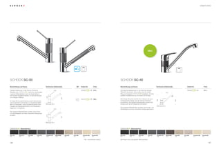 ARMATUREN




                                                                                                                                                                                                         NEU




SCHOCK SC-50                                                                                                                                             SCHOCK SC-40

Beschreibung und Extras                                 Technische Einbaumaße                                  SB*    Artikel-Nr.            Preis       Beschreibung und Extras                                         Technische Einbaumaße                          Artikel-Nr.                Preis

Perfekte Ergänzung zu den Schock TrendLine                              224                                     -     503000   CT       -NR 275,–        Günstige Einstiegsarmatur in die Welt der farbigen                                                             563000   CT    -NR         211,–
Modellen aus               ®
                            . Durch die verwendeten                                                                                                      TrendLine Armaturen. Die Armatur wird von einem                                 212
                                                                                                                                                                                          ®
massiven Materialhülsen kann die Spülenfarbe in                                                                                                          Ring aus massivem                  eingefasst– für eine
der Armatur fortgeführt werden, so wird die Armatur                                                                                                      perfekte Farbabstimmung von Spüle und Armatur.
                                                         213




zum farbigen Highlight.
                                                                                       156




                                                                                                                      503120   CT       -NR 389,–        Das Design lässt sich sowohl mit modernen als auch




                                                                                                                                                                                                                         186




                                                                                                                                                                                                                                                      158
Im Zuge der Konzeptionierung wurde insbesondere                                                                                                          mit klassischen Spülen aus der Schock TrendLine
darauf geachtet hochwertige und langlebige Materi-                                                                                                       kombinieren. Die niedrige Auslaufposition erlaubt den
alien zu verwenden, sowie umweltschonende Tech-         Bohrung 33 ø                                                                                     Einsatz auch bei tief hängenden Schränken.
nologien wie Wassersparfunktion und Temperatur-                                                                                                                                                                          Bohrung 35 ø
begrenzer zu integrieren.                                                                                                                                Die massiven Materialhülsen punkten durch Kratz- und
                                                                        224                                                                              Stoßfestigkeit und einen reduzierten Reinigungsaufwand.
Die massiven Materialhülsen punkten durch Kratz-
und Stoßfestigkeit und einen reduzierten Reinigungs-
                                                        213




aufwand.
                                                                                   157




                                                        Bohrung 33 ø


              ®                                                                                                                                                          ®
                  Materialfarben                                                                                                                                             Materialfarben



Nero (13)     Onyx (10)      Lava (40)      Inox (12)   Graphite (15)     Mocha (63)         Gobi (58)   Terra (38)     Colorado (08)     Everest (26)   Nero (13)       Onyx (10)       Lava (40)           Inox (12)   Graphite (15)   Mocha (63)   Gobi (58)   Terra (38)     Colorado (08)   Everest (26)
GNE           GON            GLA            GIN         GGR               GMC                GSA         GTE            GCO               GEV            GNE             GON             GLA                 GIN         GGR             GMC          GSA         GTE            GCO             GEV


                                                                                                                         * SB = ausziehbarer Auslauf     Alle Preise in Euro zzgl. gesetzl. Mehrwertsteuer

166                                                                                                                                                                                                                                                                                                             167
 