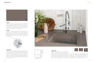 2322
1 EARTH
Design lässt sich häufig von der Natur inspirieren. Ein gelungenes Beispiel
dafür ist die neue gedeckte Schlamm-Metallic-Farbe Earth, die sich wun-
derbar mit Pastelltönen kombinieren lässt. So vervollständigt die Spüle das
mit Liebe zum Detail eingerichtete Gesamtambiente, ohne dass Abstriche
bei der Funktionalität entstehen. • In der Farbe Earth werden alle CRISTA-
DUR® Modelle (mit Ausnahme von Grando) angeboten.
2 LADON
Aus 2 mach 1. Mit der patentierten Kombination aus Seifenspender und
Drehexzenter wurde ein grundlegendes Problem heutiger Spülendesigns
gelöst: Viele Spülen haben nur Platz für den Drehexzenter, so dass auf die
Installation eines Seifenspender verzichtet werden muss. • Hier schafft der
Spülmittelspender Ladon, über den auch der Siebkorb bedient werden
kann, jetzt Abhilfe.
3 KARPO PRO
Wer gern für Familie und Freunde kocht, weiß eine hochwertige Armatur zu
schätzen • Die neue Karpo Pro lässt keine Wünsche offen und erlaubt dank
ihrer zwei Ausläufe ein ergonomisches und effizientes Arbeiten. Funktionali-
tät und Design entsprechen einer Profi-Armatur und werden durch neueste
Features wie z.B. einen umweltschonenden Wassersparer ergänzt. • Die
Karpo Pro ist in Chrom erhältlich und verfügt über eine Schwenkbrause und
einen Festauslauf. Damit ist selbst das Befüllen sowie die Reinigung zahlrei-
cher Kochtöpfe ein Leichtes.
4 MONO N-100L
Typisch für große Wohnküchen, die in Anlehnung an die
herrschaftlichen Landsitze des englischen Adels gestaltet
wurden, ist ein großer Grundriss. Hier sind Gäste stets will-
kommen. Diese Küchen bedürfen unweigerlich einer groß-
volumigen Spüle, in der auch große Töpfe und Bräter Platz
finden. • Mit der CRISTADUR® Mono N-100L steht nun eine
Spüle mit besonders großer Beckentiefe und großzügigen
N-100LYN-100
N-100L
530
417
600
220
Außenmaßen zur Verfügung. Die angedeutete geschwungene
Kelchform passt hervorragend zu den sanften Rundungen, die
den Charme der Landhausküche ausmachen. • Erhältlich in der
Modellvariante N-100L in 9 CRISTADUR® Farben als Ein- und
Unterbauversion sowie als reine Unterbauversion N-100LY.
paTENT
p
ENdING
NEWS
WELT-
NEUHEIT
 