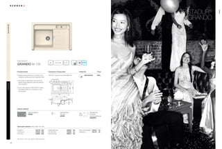 4140
CristaDUR®
Artikel-Nr.Produktvorteile Technische Einbaumaße
Grando M-100
Preis
Inklusiv Zubehör
Optionales Zubehör (siehe Seite 192-195)
CristaDUR®
Grando
GRA M100 M 1299,–
qrt fhl25
749 x 49490
PDF/DXF: www.schock.de/GRAM100
Alle Preise in Euro zzgl. gesetzl. Mehrwertsteuer
• Spülenmodul welches sich perfekt in die
moderne Landhausküche integrieren lässt.
• Das große Einzelbecken wird durch ein
kleines Ausgussbecken und eine Abtropf-
fläche ergänzt.
• Durch die brillanten CRISTADUR®
Farben
wird diese Spüle zum Hingucker in der
Küchenzeile.
Indutherm 629100 549,-
comfotouch 629830 360,-
LED-Licht 629024 305,-
Fertige Bohrung 629004 38,-
Pro Care Set 629099 25,-
Easy Care Set 629018 30,-
Easy Care Aufheller 629019 16,-
Wastecap 628152 25,-
Diamantbohrer
SB Light
629095
Ablaufgarnitur,
Korbventil,
Exzenterbedienung
629306PD
Glasschneidbrett
629028
110 110
109
155
a b c
628
39986
900
425 249
206
PuroPUR(84)MagnoliaMGL(89)
GRANDO
 