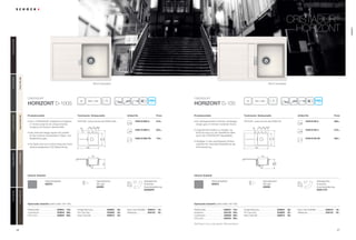 4746
CristaDUR®
Artikel-Nr.Produktvorteile Technische Einbaumaße
Horizont D-100S
Preis
Inklusiv Zubehör
CristaDUR®
Artikel-Nr.Produktvorteile Technische Einbaumaße
Horizont D-100
Preis
Inklusiv Zubehör
Optionales Zubehör (siehe Seite 192-195)
CristaDUR®
Horizont
HON D100S A
HON D100S U
HON D100S FB
619,–
633,–
744,–
HON D100 A
HON D100 U
HON D100 FB
805,–
819,–
930,–
qrt asdgl20
660 x 48040
qrt asdgl
20
760 x 48040
PDF/DXF: www.schock.de/HOND100S PDF/DXF: www.schock.de/HOND100
Alle Preise in Euro zzgl. gesetzl. Mehrwertsteuer
Nicht reversibelNicht reversibel
Optionales Zubehör (siehe Seite 192-195)
• Der in CRISTADUR®
integrierte proHygienic
21 Schutz sorgt für ein unbeschwerten
Umgang mit frischen Lebensmitteln.
• Das verkürzte Design eignet sich perfekt
für die moderne Küchenzeile in Stadt- und
Singlewohnungen.
• Die Spüle wird zum echten Hingucker durch
optional angebotene LED Beleuchtung.
• Ein außergewöhnlich schönes, gradliniges
Design ganz im Stil der modernen Küche.
• Ungewöhnlich einfach zu reinigen, da
Schmutz kaum an der Oberfläche haftet
durch den CRISTADUR®
Abperleffekt.
• Verfügbar in drei verschiedenen Einbau-
varianten für maximale Flexibilität bei der
Küchenplanung.
Resteschale 629051 145,-
Indutherm 629100 549,-
comfotouch 629830 360,-
LED-Licht 629024 305,-
Fertige Bohrung 629004 38,-
Pro Care Set 629099 25,-
Easy Care Set 629018 30,-
Easy Care Aufheller 629019 16,-
Wastecap 628152 25,-
Resteschale 629051 145,-
comfotouch 629830 360,-
LED-Licht 629024 305,-
Fertige Bohrung 629004 38,-
Pro Care Set 629099 25,-
Easy Care Set 629018 30,-
Easy Care Aufheller 629019 16,-
Wastecap 628152 25,-
Glasschneidbrett
629076
Glasschneidbrett
629076
Diamantbohrer
SB Light
629095
Diamantbohrer
SB Light
629095
Ablaufgarnitur,
Korbventil,
Exzenterbedienung
629368PD
Ablaufgarnitur,
Korbventil,
Exzenterbedienung
629371PD
38
102,5125120
500
381
310
680
305
cba
102,5125
39
120
780
310
381
500305
cba
305
PuroPUR(84)MagmaMAG(97)CarboniumCAR(90)StoneSTO(88)ChocolateCHO(86)
BronzeBRO(87)PolarisPOL(99)MagnoliaMGL(89)EarthEAR(82)
HORiZONT
 