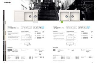 4948
CristaDUR®
Artikel-Nr.Produktvorteile Technische Einbaumaße
Horizont D-150
Preis
Inklusiv Zubehör
CristaDUR®
Artikel-Nr.Produktvorteile Technische Einbaumaße
Horizont N-200
Preis
Inklusiv Zubehör
CristaDUR®
Horizont
HON D150 A S*
HON D150 A G*
HON D150 U S*
HON D150 U G*
HON D150 FB S*
HON D150 FB G*
1185,–
1199,–
1310,–
HON N200 A S*
HON N200 A G*
HON N200 U S*
HON N200 U G*
HON N200 FB S*
HON N200 FB G*
899,–
913,–
1024,–
qru asdgl
12
20
980 x 48060
qri asdkl
20
20
840 x 48090
PDF/DXF: www.schock.de/HOND150 PDF/DXF: www.schock.de/HONN200
NEU
Alle Preise in Euro zzgl. gesetzl. Mehrwertsteuer
Nicht reversibel
Optionales Zubehör (siehe Seite 192-195)Optionales Zubehör (siehe Seite 192-195)
• Das außergewöhnlich schöne, gradlinige
Design wurde mit diversen Preisen aus-
gezeichnet.
• Einzigartige Designerglasschneidbretter
sorgen für eine flächenbündige Abdeckung
sowie optische Aufwertung der Spüle.
• Purer Luxus in der Küche durch die seidige
Oberflächenhaptik von CRISTADUR®
.
• Purer Luxus in der Küche durch die seidige
Oberflächenhaptik von CRISTADUR®
.
• Das außergewöhnlich schöne, gradlinige
Design wurde mit diversen Preisen aus-
gezeichnet.
• Einzigartige Designerglasschneidbretter
sorgen für eine flächenbündige Abdeckung
sowie optische Aufwertung der Spüle.
Resteschale 629051 145,-
comfotouch 629830 360,-
LED-Licht 629024 305,-
Fertige Bohrung 629004 38,-
Pro Care Set 629099 25,-
Easy Care Set 629018 30,-
Easy Care Aufheller 629019 16,-
Wastecap 628152 25,-
Indutherm 629100 549,-
comfotouch 629830 360,-
LED-Licht 629024 305,-
Fertige Bohrung 629004 38,-
Pro Care Set 629099 25,-
Easy Care Set 629018 30,-
Easy Care Aufheller 629019 16,-
Wastecap 628152 25,-
Schneidbrett schwarz
629064 + 629075
oder Schneidbrett grün
629064/1 + 629075/1
Resteschale
629051
Schneidbrett schwarz
629064
oder Schneidbrett grün
629064/1
* S = schwarzes Glasschneidbrett; G = grünes Glasschneidbrett
Diamantbohrer
SB Light
629095
Diamantbohrer
SB Light
629095
Ablaufgarnitur,
Korbventil,
Exzenterbedienung
629373PD
Ablaufgarnitur,
Korbventil,
Exzenterbedienung
629373PD
120 120 120 73
39
353 150
500
1000
380
305
dcba
39
120 120 120 120 (190)
500
860
387 387
305
380
edcba
PuroPUR(84)MagmaMAG(97)CarboniumCAR(90)StoneSTO(88)ChocolateCHO(86)
BronzeBRO(87)PolarisPOL(99)MagnoliaMGL(89)EarthEAR(82)
HORiZONT
 