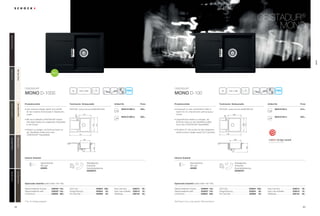 6362
CristaDUR®
MOno
CristaDUR®
Artikel-Nr.Produktvorteile Technische Einbaumaße
Mono D-100S
Preis
Inklusiv Zubehör
MON D100S A
MON D100S U
595,–
609,–
qrt asjl20
720 x 49045
PDF/DXF: www.schock.de/MOND100S
NEU
• Das verkürzte Design eignet sich perfekt
für die moderne Küchenzeile in Stadtwohn-
ungen.
• Mit neun brillianten CRISTADUR®
Farben
wird diese Spüle zum prägenden Farbtupfen
in der Küche.
• Einfach zu reinigen, da Schmutz kaum an
der Oberfläche haftet durch den
CRISTADUR®
Abperleffekt.
Glasschneidbrett schwarz 629059* 145,-
Glasschneidbrett weiß 629050* 145,-
comfotouch 629830 360,-
LED-Licht 629024 305,-
Fertige Bohrung 629004 38,-
Pro Care Set 629099 25,-
Easy Care Set 629018 30,-
Easy Care Aufheller 629019 16,-
Wastecap 628152 25,-
Diamantbohrer
SB Light
629095
Artikel-Nr.Produktvorteile Technische Einbaumaße Preis
Inklusiv Zubehör
Alle Preise in Euro zzgl. gesetzl. Mehrwertsteuer
Glasschneidbrett schwarz 629059* 145,-
Glasschneidbrett weiß 629050* 145,-
comfotouch 629830 360,-
LED-Licht 629024 305,-
Fertige Bohrung 629004 38,-
Pro Care Set 629099 25,-
Easy Care Set 629018 30,-
Easy Care Aufheller 629019 16,-
Wastecap 628152 25,-
MON D100 A
MON D100 U
615,–
629,–
Optionales Zubehör (siehe Seite 192-195)Optionales Zubehör (siehe Seite 192-195)
• Entwickelt um den vorhandenen Platz in
einem 50 cm Unterschrank optimal auszu-
nutzen.
• Ungewöhnlich einfach zu reinigen, da
Schmutz kaum an der Oberfläche haftet
durch den CRISTADUR®
Abperleffekt.
• Die Mono D-100 wurde mit dem begehrten
reddot product design award 2013 prämiert.
* Nur für Auflage geeignet​
CristaDUR®
Mono D-100 qrt asjl
20
745 x 49050
PDF/DXF: www.schock.de/MOND100
Diamantbohrer
SB Light
629095
Ablaufgarnitur,
Korbventil,
Exzenterbedienung
629385PD
Ablaufgarnitur,
Korbventil,
Exzenterbedienung
629385PD
510
765
440
65
464
b
a
385
305
510
440
62,5
415
b
340
305
a
740
PuroPUR(84)MagmaMAG(97)CarboniumCAR(90)StoneSTO(88)ChocolateCHO(86)
BronzeBRO(87)PolarisPOL(99)MagnoliaMGL(89)EarthEAR(82)
mono
 