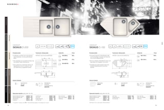 7978
CristaDUR®
Artikel-Nr.Produktvorteile Technische Einbaumaße
Signus D-200
Preis
Inklusiv Zubehör
CristaDUR®
Artikel-Nr.Produktvorteile Technische Einbaumaße
Signus C-150
Preis
Inklusiv Zubehör
CristaDUR®
signus
SIG D200 A
SIG D200 U
SIG D200 FB
865,–
879,–
990,–
SIG C150 A
SIG C150 U
1029,–
1043,–
qrz asdjl
20
17
1140 x 48080
qru asgl
18
20
80
w90 nach
Schablone
PDF/DXF: www.schock.de/SIGD200 PDF/DXF: www.schock.de/SIGC150
Alle Preise in Euro zzgl. gesetzl. Mehrwertsteuer
Optionales Zubehör (siehe Seite 192-195)Optionales Zubehör (siehe Seite 192-195)
• Unglaublich viel Platz durch zwei großvolu-
mige Spülbecken und eine große Abtropf-
fläche.
• Das geradlinige und sympatische Design fügt
sich perfekt in jeden Küchenstil ein.
• Kann optional mit modernster Technik, wie
beispielsweise Schock comfotouch oder
LED Beleuchtung, ausgestattet werden.
• Die große Eckspüle mit Restebecken trägt
zum hochwertigen Charakter der Küche bei
ohne Funktionalitätseinbußen.
• Mit neun brillanten CRISTADUR®
Farben wird
diese Spüle zum Highlight in der Küche.
• Die Spüle wird optimal ergänzt durch eine
spezielle Edelstahlschale für das Rest-
ebecken.
Glasschneidbrett schwarz 629046* 145,-
Glasschneidbrett weiß 629045* 145,-
Geschirrkorb 629170 43,-
comfotouch 629830 360,-
LED-Licht 629024 305,-
Fertige Bohrung 629004 38,-
Pro Care Set 629099 25,-
Easy Care Set 629018 30,-
Easy Care Aufheller 629019 16,-
Wastecap 628152 25,-
Glasschneidbrett schwarz 629046* 145,-
Glasschneidbrett weiß 629045* 145,-
Geschirrkorb 629171 43,-
Indutherm 629100 549,-
comfotouch 629830 360,-
LED-Licht 629024 305,-
Fertige Bohrung 629004 38,-
Pro Care Set 629099 25,-
Easy Care Set 629018 30,-
Easy Care Aufheller 629019 16,-
Wastecap 628152 25,-
Diamantbohrer
SB Light
629095
Resteschale
629244
* Zusatz U = Unterbau oder FB = Flächenbündig angeben; bei Auflage kein Zusatz
Diamantbohrer
SB Light
629095
Ablaufgarnitur,
Korbventil,
Exzenterbedienung
629305PD
Ablaufgarnitur,
Korbventil,
Exzenterbedienung
629373PD
450
dc
ba
200
37,5
500
1160
378324
430
304
347
63
277
b
a
439
337
500
979
349 250
313
PuroPUR(84)MagmaMAG(97)CarboniumCAR(90)StoneSTO(88)ChocolateCHO(86)
BronzeBRO(87)PolarisPOL(99)MagnoliaMGL(89)EarthEAR(82)
signus
 
