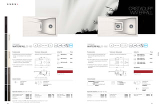 9190
CristaDUR®
Artikel-Nr.Produktvorteile Technische Einbaumaße
Waterfall D-100
Preis
Inklusiv Zubehör
CristaDUR®
Artikel-Nr.Produktvorteile Technische Einbaumaße
Waterfall D-150
Preis
Inklusiv Zubehör
CristaDUR®
Waterfall
WAT D150 A S**
WAT D150 A W**
WAT D150 U S**
WAT D150 U W**
WAT D150 FB S**
WAT D150 FB W**
1150,–
1164,–
1275,–
qrz asdjl
18
14	
980 x 48060
WAT D100 A
WAT D100 U
WAT D100 FB
829,–
843,–
954,–
qrt asdjl
18
840 x 4805045
q
PDF/DXF: www.schock.de/WATD100 PDF/DXF: www.schock.de/WATD150
Sonderfarbe
Rouge ROU (81)
Sonderfarbe
Rouge ROU (81)
Alle Preise in Euro zzgl. gesetzl. Mehrwertsteuer
Optionales Zubehör (siehe Seite 192-195)Optionales Zubehör (siehe Seite 192-195)
• Außergewöhnlich schönes, extravagantes
Design – ein Kunstwerk in der luxuriösen
Küche.
• Der in CRISTADUR®
integrierte proHygienic
21 Schutz sorgt für einen unbeschwerten
Umgang mit frischen Lebensmitteln.
• Kann optional in einen 45 cm Unterschrank
eingepasst werden.
• Das extravagante und edle Design wird
durch eine trendige Resteschale unter-
strichen.
• Die Abtropffläche erinnert an einen Wasserfall
und verspricht langanhaltende Freude beim
Abwaschen.
• CRISTADUR®
setzt in haptischer, praktischer
und ästhetischer Hinsicht außergewöhnliche
Maßstäbe.
Indutherm 629100 549,-
comfotouch 629830 360,-
LED-Licht 629024 305,-
Fertige Bohrung 629004 38,-
Pro Care Set 629099 25,-
Easy Care Set 629018 30,-
Easy Care Aufheller 629019 16,-
Wastecap 628152 25,-
Glasschneidbrett schwarz 629046* 145,-
Glasschneidbrett weiß 629045* 145,-
Indutherm 629100 549,-
comfotouch 629830 360,-
LED-Licht 629024 305,-
Fertige Bohrung 629004 38,-
Pro Care Set 629099 25,-
Easy Care Set 629018 30,-
Easy Care Aufheller 629019 16,-
Wastecap 628152 25,-
Diamantbohrer
SB Light
629095
Resteschale
grün 629049G oder
weiß 629049W
Schneidbrett schwarz
629046*
oder Schneidbrett weiß
629045*
* Zusatz U = Unterbau oder FB = Flächenbündig angeben; bei Auflage kein Zusatz
** S = schwarzes Glasschneidbrett; W = weißes Glasschneidbrett
Ablaufgarnitur,
Korbventil,
Exzenterbedienung
629371PD
Diamantbohrer
SB Light
629095
Ablaufgarnitur,
Korbventil,
Exzenterbedienung
629366PD
Einbau in 45er Unterschrank möglich
Ausschnitt der Seitenwand erforderlich
b
d
354
860
a
c
37
100 340
500
435
293
b
d
a
c
173
37
115 387
435
500
1000
168 332
293
PuroPUR(84)MagmaMAG(97)CarboniumCAR(90)StoneSTO(88)ChocolateCHO(86)
BronzeBRO(87)PolarisPOL(99)MagnoliaMGL(89)EarthEAR(82)
waterfall
 