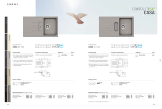 9998
CASA
®
Artikel-Nr.Produktvorteile Technische Einbaumaße
Casa D-100
Preis
Optionales Zubehör (siehe Seite 192-195)
Inklusiv Zubehör
Artikel-Nr.Produktvorteile Technische Einbaumaße
Casa D-125
Preis
Optionales Zubehör (siehe Seite 192-195)
Inklusiv Zubehör
® ®
qrt ajl20
840 x 48045
qrz ajl
20
6
840 x 48050
CAA D100 A 429,– CAA D125 A 479,–PDF/DXF: www.schock.de/CAAD100 PDF/DXF: www.schock.de/CAAD125
Alle Preise in Euro zzgl. gesetzl. Mehrwertsteuer
• Das klassische und sympatische Design fügt
sich perfekt in jeden Küchenstil ein, egal ob
Modern, Klassik oder Landhaus.
•  ®
überzeugt durch den integri-
erten Hygieneschutz Schock proHygienic 21.
• Die Spüle wird optional ergänzt durch ein
Glasschneidbrett.
• Die Oberfläche von ®
ist bis zu
dreimal so hart wie natürlicher Granit und
daher absolut widerstandsfähig.
• Das klassische und praktische Design wird
durch eine trendige Resteschale ergänzt.
• Mit neun intensiven ®
Farben
wird diese Spüle zum prägenden Farbtupfen
in der Küche.
Glasschneidbrett 629036 105,-
Bambusschneidbrett 629044 105,-
comfotouch 629830 360,-
Fertige Bohrung 629004 38,-
Diamantbohrer SB Light 629095 25,-
Pro Care Set 629099 25,-
Easy Care Set 629018 30,-
Easy Care Aufheller 629019 16,-
Wastecap 628152 25,-
Glasschneidbrett 629036 105,-
Bambusschneidbrett 629044 105,-
comfotouch 629830 360,-
Fertige Bohrung 629004 38,-
Diamantbohrer SB Light 629095 25,-
Pro Care Set 629099 25,-
Easy Care Set 629018 30,-
Easy Care Aufheller 629019 16,-
Wastecap 628152 25,-
Ablaufgarnitur, Korbventil,
Exzenterbedienung
629383
Resteschale
629037
Ablaufgarnitur, Korbventil,
Exzenterbedienung
629383
430
b
a
77
500
860
32192
14
436304
232
a
430
77
500
860
32192
436
232
304
b
NeroGNE(13)OnyxGON(10)BasaltGBA(41)InoxGIN(12)MochaGMC(63)
BetonGBT(42)ColoradoGCO(08)CremaGCM(14)EverestGEV(26)
casa
 