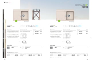 103102
EDEN
®
Artikel-Nr.Produktvorteile Technische Einbaumaße Preis
Inklusiv Zubehör
Artikel-Nr.Produktvorteile Technische Einbaumaße Preis
Inklusiv Zubehör
Eden D-100S Eden D-100
® ®
Optionales Zubehör (siehe Seite 192-195) Optionales Zubehör (siehe Seite 192-195)
qrt asgl20
660 x 48040
qrt asgl
20
760 x 48040
EDE D100S A
EDE D100S U
499,–
513,–
EDE D100 A
EDE D100 U
655,–
669,–
PDF/DXF: www.schock.de/EDED100S PDF/DXF: www.schock.de/EDED100
Alle Preise in Euro zzgl. gesetzl. Mehrwertsteuer
NEU NEU
Nicht reversibelNicht reversibel
• Das verkürzte Design eignet sich perfekt für
die moderne Küchenzeile in Stadt- und Sin-
glewohnungen.
•  ®
überzeugt durch den integri-
erten Hygieneschutz Schock proHygienic 21.
• Die Spüle wird zum echten Hingucker durch
optional angebotene LED Beleuchtung.
• Das außergewöhnlich schöne, gradlinige
Design wurde mit diversen Preisen aus-
gezeichnet.
•  ®
überzeugt durch den integri-
erten Hygieneschutz Schock proHygienic 21.
• Ungewöhnlich einfach zu reinigen, da
Schmutz kaum an der Oberfläche haftet.
Resteschale 629051 145,-
comfotouch 629830 360,-
LED-Licht 629024 305,-
Fertige Bohrung 629004 38,-
Diamantbohrer SB Light 629095 25,-
Pro Care Set 629099 25,-
Easy Care Set 629018 30,-
Easy Care Aufheller 629019 16,-
Wastecap 628152 25,-
Resteschale 629051 145,-
comfotouch 629830 360,-
LED-Licht 629024 305,-
Fertige Bohrung 629004 38,-
Diamantbohrer SB Light 629095 25,-
Pro Care Set 629099 25,-
Easy Care Set 629018 30,-
Easy Care Aufheller 629019 16,-
Wastecap 628152 25,-
Ablaufgarnitur, Korbventil,
Exzenterbedienung
629368
Glasschneidbrett schwarz
629076
Glasschneidbrett schwarz
629076
Ablaufgarnitur, Korbventil,
Exzenterbedienung
629371
38
102,5125120
500
381
310
680
305
cba
102,5125
39
120
780
310
381
500305
cba
NeroGNE(13)OnyxGON(10)BasaltGBA(41)InoxGIN(12)MochaGMC(63)
BetonGBT(42)ColoradoGCO(08)CremaGCM(14)EverestGEV(26)
eden
 
