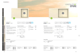 109108
EPURE
®
Artikel-Nr.Produktvorteile Technische Einbaumaße Preis
Inklusiv Zubehör
Artikel-Nr.Produktvorteile Technische Einbaumaße Preis
Inklusiv Zubehör
Epure D-100 Epure D-100L
® ®
Optionales Zubehör (siehe Seite 192-195) Optionales Zubehör (siehe Seite 192-195)
qrt asjl18
840 x 48045
qrt asjl
18
980 x 48060
EPU D100 A
EPU D100 U
549,–
563,–
EPU D100L A
EPU D100L U
599,–
613,–
PDF/DXF: www.schock.de/EPUD100 PDF/DXF: www.schock.de/EPUD100L
Alle Preise in Euro zzgl. gesetzl. Mehrwertsteuer
NEU NEU
• Das puristische und schnörkellose Design
entspricht den aktuellen Trends der franzö-
sischen Küchenarchitektur.
•  ®
ist einfach zu reinigen und
extrem robust – perfekt für die Belastungen
des Alltags.
• Moderne Spüle mit hoher Funktionalität
durch klassische Maße und viel Anspruch
durch ein herausragendes Design.
• Eine moderne Spüle mit einem 50cm
großen, tiefen Becken, in der Pfannen und
Backbleche problemlos hineinpassen.
• Verfügbar in den neuen ®
Erdtönen Basalt und Beton, sowie in Crema.
• Die Quarzpartikel in ®
schützen
die Spüle langfristig vor Abnutzung und
sorgen für eine sehr lange Haltbarkeit.
Glasschneidbrett 629036* 105,-
Bambusschneidbrett 629044 105,-
comfotouch 629830 360,-
LED-Licht 629024 305,-
Fertige Bohrung 629004 38,-
Diamantbohrer SB Light 629095 25,-
Pro Care Set 629099 25,-
Easy Care Set 629018 30,-
Easy Care Aufheller 629019 16,-
Wastecap 628152 25,-
Glasschneidbrett 629036* 105,-
Bambusschneidbrett 629044 105,-
comfotouch 629830 360,-
LED-Licht 629024 305,-
Fertige Bohrung 629004 38,-
Diamantbohrer SB Light 629095 25,-
Pro Care Set 629099 25,-
Easy Care Set 629018 30,-
Easy Care Aufheller 629019 16,-
Wastecap 628152 25,-
Ablaufgarnitur, Korbventil,
Exzenterbedienung
629313
Ablaufgarnitur, Korbventil,
Exzenterbedienung
629313
* Zusatz U = Unterbau; bei Auflage kein Zusatz
500
420
38
860
350
291
a
b
430
573
38
1000
500
291
430
500
a
b
NeroGNE(13)OnyxGON(10)BasaltGBA(41)InoxGIN(12)MochaGMC(63)
BetonGBT(42)ColoradoGCO(08)CremaGCM(14)EverestGEV(26)
epure
 