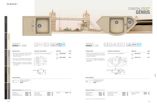 115114
Genius
®
Artikel-Nr.Produktvorteile Technische Einbaumaße Preis
Inklusiv Zubehör
Artikel-Nr.Produktvorteile Technische Einbaumaße Preis
Inklusiv Zubehör
Genius D-100S Genius C-150
® ®
Optionales Zubehör (siehe Seite 192-195) Optionales Zubehör (siehe Seite 192-195)
qrt asjl20
660 x 44045
qru asgl
11
20
80
w90 nach
Schablone
GEN D100S A
GEN D100S U
439,–
453,–
GEN C150 A
GEN C150 U
689,–
703,–
PDF/DXF: www.schock.de/GEND100S PDF/DXF: www.schock.de/GENC150
Alle Preise in Euro zzgl. gesetzl. Mehrwertsteuer
• Das verkürzte Design eignet sich perfekt für
die moderne Küchenzeile in Stadt- und
Singlewohnungen.
•  ®
überzeugt durch den integri-
erten Hygieneschutz Schock proHygienic 21.
• Mit neun intensiven ®
Farben
wird diese Spüle zum prägenden Farbtupfen
in der Küche.
• Klassisches Eckspülendesign mit viel Platz
zum Waschen und Abwaschen sowie einer
großen Abtropffläche.
•  ®
ist einfach zu reinigen und
extrem robust – perfekt für die Belastungen
des Alltags.
comfotouch 629830 360,-
Fertige Bohrung 629004 38,-
Diamantbohrer SB Light 629095 25,-
Pro Care Set 629099 25,-
Easy Care Set 629018 30,-
Easy Care Aufheller 629019 16,-
Wastecap 628152 25,- Holzschneidbrett 629211 55,-
comfotouch 629830 360,-
Fertige Bohrung 629004 38,-
Diamantbohrer SB Light 629095 25,-
Pro Care Set 629099 25,-
Easy Care Set 629018 30,-
Easy Care Aufheller 629019 16,-
Wastecap 628152 25,-
Ablaufgarnitur, Korbventil,
Exzenterbedienung
629383
Ablaufgarnitur, Korbventil,
Exzenterbedienung
629351
b
a
404
66
460
680
311
344
305
230
68
1105
520
174388
406
286304
b
a
NeroGNE(13)OnyxGON(10)BasaltGBA(41)InoxGIN(12)MochaGMC(63)
BetonGBT(42)ColoradoGCO(08)CremaGCM(14)EverestGEV(26)
genius
 