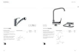 155154
o
400
SCHOCK Dike SCHOCK Elara
Günstige Einstiegsarmatur in die Welt der Schock
®
Armaturen.
Die Armatur verfügt über eine Schlauchbrause, wo-
durch das tägliche Waschen und Abwaschen deutlich
komfortabler wird.
Aufgrund des kleinen Formfaktors eignet sich diese
Armatur insbesondere zum Einsatz mit kleineren
Spülen, wie beispielsweise Einbeckenspülen.
Verfügbar in der klassischen Chromoptik und somit
mit fast allen Farben und Materialien optimal kom-
binierbar.
Das exklusive und extravagante Design der Schock
Armatur Elara hebt sich wohltuend aus dem
am Massenmarkt üblichen Armaturenangebot hervor.
Verfügbar in der klassischen Chromoptik und somit
mit fast allen Farben und Materialien in der Küche
einfach kombinierbar.
Aufgrund umklappbaren Auslaufs ist die Elara trotz
hoher Auslaufposition auch für die Vor-Fenster-
Montage geeignet.
Artikel-Nr. Artikel-Nr.Technische EinbaumaßeBeschreibung und Extras Beschreibung und ExtrasPreis PreisTechnische Einbaumaße
Material
CHR
Chrom
Material
CHR
Chrom
Bohrung 35 ø
161
110
200
195
345
250
80
umgeklappt
345
Bohrung 35 ø
Armaturen
205,– 289,–502120 568000CHR CHR
DIKE
ELARA
 