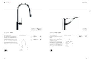 157156
360°
SCHOCK Eris SCHOCK Galatea
Sehr große Armatur, die durch ihre Raumwirkung
den Stil jeder Küche positiv beeinflusst und einen
professionellen Eindruck macht.
Die Armatur in der Variante Eris LED wird zum abso-
luten Highlight in der Küche durch eine Beleuchtung
des Wasserstrahls mit LED-Spots.
Eine hochwertige Armatur mit dem Anspruch nicht
nur durch Design, sondern auch durch herausragende
Technik zu überzeugen.
Die Galatea ist die perfekte Armatur für jede Land-
hausküche.
Das traditionelle Design harmoniert perfekt mit dem
überbordenden Design der traditionellen Küchen-
arbeitsplatten und Schränke.
Das Design wird dominiert von feinabgestimmten
geschwungenen Linien, die an fließendes Wasser
erinnern. Ein besonderes Highlight ist der ergonomisch
geformte Armaturenhebel für gehobene Ansprüche.
In Kombination mit der Schock Spüle Mono N-100
entsteht ein moderner Kontrast in der traditionellen
Landhausküche.
Artikel-Nr. Artikel-Nr.Technische EinbaumaßeBeschreibung und Extras Beschreibung und ExtrasPreis PreisTechnische Einbaumaße
Bohrung 35 ø
215
184
220
Bohrung 35 ø
450
215
210
Material
CHR
Chrom
Material
CHR
Chrom
Armaturen
439,–
999,–
335,–594120
594120
569000
CHR LED
CHR CHR
ERIS/-LED
GALATEA
 