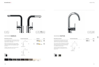 171170
SCHOCK Nimbus SCHOCK Notos
Eine hochwertige Armatur mit dem Anspruch nicht nur
durch modernes Design, sondern auch durch heraus-
ragende Technik zu überzeugen.
Sowohl in Chromoptik als auch in neun modernen
CRISTADUR®
Farblackierungen verfügbar und daher
perfekt kombinierbar mit den CRISTADUR®
Spülen
von Schock.
Trendiges, ovales Design mit dem Anspruch ein be-
stimmendes Element der Küche zu sein.
Die Armatur Notos ist die perfekte Armatur für jede
traditionelle Küche. Die schlichte Form harmoniert
perfekt mit den meisten klassischen Küchendesigns.
Dank moderner, erhöhter Auslaufposition und zeitloser
Eleganz wertet diese Armatur sowohl traditionelle als
auch moderne Küchen auf und kann dort in Chrom-
bzw. Edelstahllook Akzente setzen.
Aufgrund der Maße die optimale Ergänzung für
größere Spülbecken wie beispielsweise die neue
Epure D-100L.
Artikel-Nr. Artikel-Nr.Technische EinbaumaßeBeschreibung und Extras Beschreibung und ExtrasPreis PreisTechnische Einbaumaße
Material
CHR
CRISTADUR®
Farben
CAR (90)MAG (97)PUR (84) STO (88) CHO (86) BRO (87) POL (99)MGL (89)
CarboniumMagmaPuro Stone Chocolate Bronze PolarisMagnolia
Chrom
EAR (82)
Earth
Material
EDOCHR
EdelstahlChrom
Bohrung 35 ø
305
183
168
Bohrung 35 ø
Bohrung 35 ø
245
270
217
251
283
218
Armaturen
583000
583000
559,–
599,–
729,–
779,–
219,–
239,–
523000
523000 -Code
523120
523120 -Code
CHR
CD
CD
i
CHR CHR
EDO
NIMBUS
NOTOS
 