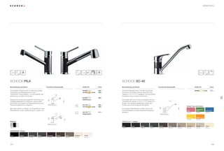 175174
360° 180° 360°
SCHOCK Pila SCHOCK SC-40
Hochwertige, farbige Armatur im klassischen Design.
Die Armatur ist vollständig lackiert in neun
CRISTADUR®
Farben lieferbar – für eine perfekte Farb-
abstimmung von Spüle und Armatur.
Insbesondere wurde darauf geachtet hochwertige und
langlebige Materialien zu verwenden, sowie umwelt-
schonende Technologien wie Wassersparfunktion und
Temperaturbegrenzer zu integrieren.
Besonders einfach zu reinigen, da Fingerabdrücke oder
Wasserflecken auf der Lackierung kaum zu sehen sind.
Günstige Einstiegsarmatur in die Welt der farbigen
Armaturen.​Die Armatur wird von einem Ring aus
massivem ®
eingefasst– für eine perfekte
Farbabstimmung von Spüle und Armatur.
Das Design lässt sich sowohl mit modernen als auch
mit klassischen Spülen in ®
perfekt kom-
binieren. Die niedrige Auslaufposition erlaubt den
Einsatz auch bei tief hängenden Schränken.
Die massiven Materialhülsen punkten durch Kratz-
und Stoßfestigkeit und einen reduzierten Reinigung-
saufwand.
Artikel-Nr. Artikel-Nr.Technische EinbaumaßeBeschreibung und Extras Beschreibung und ExtrasPreis PreisTechnische Einbaumaße
®
Farben
GIN (12)GBA (41)GON (10) GMC (63) GBT (42) GSA (58) GCM (14)GEV (26)GCO (08)GNE (13)
Colorado EverestGobiMocha CremaBetonInoxNero BasaltOnyx
Material
CHR
Chrom
CRISTADUR®
Farben
CAR (90)MAG (97)PUR (84) STO (88) CHO (86) BRO (87) POL (99)MGL (89)
CarboniumMagmaPuro Stone Chocolate Bronze PolarisMagnolia
EAR (82)
Earth
GBO (69)GSU (68)
Sunflower Bright Orange
GOC (67)GPP (65)GPK (64)
Ocean Blue
Peppermint
GreenPink
Colour Your Life Farben
Bohrung 35 ø
186
158
212
Bohrung 35 ø
Bohrung 35 ø
126
195
190190
115
217
Armaturen
541000
541000 -Code
541003
Niederdruck
541120
541120 -Code
541123
Niederdruck
259,–
339,–
309,–
389,–
429,–
411,–
211,–CHR
CHR
CHR
CHR
CD
CD
563000 -Code
o
o
CT
PILA
SC-40
 