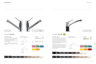 177176
360°
SCHOCK SC-50 SCHOCK SC-90
Perfekte Ergänzung zu den Schock Modellen aus
®
. Durch die verwendeten massiven
Materialhülsen kann die Spülenfarbe in
der Armatur fortgeführt werden, so wird die Armatur
zum farbigen Highlight.
Die massiven Materialhülsen punkten durch Kratz-
und Stoßfestigkeit und einen reduzierten Reinigung-
saufwand.
Die patentierte Fertigungstechnologie ermöglicht es,
die SC-90 mit Hülsen aus massivem CRISTADUR®
bzw. ®
zu verkleiden, so kann die
Armatur absolut farbidentisch zu der Spüle produziert
werden– ein perfektes Paar. Die Hülsen lassen sich
einfach austauschen, so dass man ohne Aufwand den
aktuellen Farbtrends folgen kann.
Die massiven Materialhülsen punkten durch Kratz- und
Stoßfestigkeit und einen deutlich geringeren Reini-
gungsaufwand als bei Chrom oder Edelstahl üblich.
Die Armatur im klassischen Design wird ausschließlich
aus hochwertigen Materialien wie beispielsweise
Messing hergestellt.
Artikel-Nr. Artikel-Nr.Technische EinbaumaßeBeschreibung und Extras Beschreibung und ExtrasPreis PreisTechnische Einbaumaße
NEU
®
Farben
GIN (12)GBA (41)GON (10) GMC (63) GBT (42) GSA (58) GCM (14)GEV (26)GCO (08)GNE (13)
Colorado EverestGobiMocha CremaBetonInoxNero BasaltOnyx
CRISTADUR®
Farben
®
Farben
CAR (90)MAG (97)PUR (84) STO (88) CHO (86) BRO (87) POL (99)MGL (89)
GIN (12)GBA (41)GON (10) GMC (63) GBT (42) GSA (58) GCM (14)GEV (26)GCO (08)GNE (13)
Colorado EverestGobiMocha CremaBetonInoxNero BasaltOnyx
CarboniumMagmaPuro Stone Chocolate Bronze PolarisMagnolia
EAR (82)
Earth
ROU (81)GBO (69)GSU (68)
Sunflower Bright Orange Rouge
GOC (67)GPP (65)GPK (64)
Ocean Blue
Peppermint
GreenPink
Bohrung 35 ø
178
152
205
Bohrung 35 ø
Bohrung 35 ø
213
156
224
213
157
224
Armaturen
503000 -Code
503120 -Code
279,–
399,–
379,–
359,–
CT
CT
598000 -Code
598000 -Code
CD
CT
Colour Your Life Farben
i
GBO (69)GSU (68)
Sunflower Bright Orange
GOC (67)GPP (65)GPK (64)
Ocean Blue
Peppermint
GreenPink
Colour Your Life Farben
SC-50
SC-90
 
