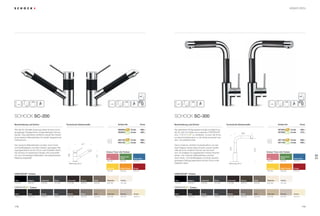 179178
120° 360°180°
SCHOCK SC-200 SCHOCK SC-300
Wie alle SC Modelle überzeugt diese Armatur durch
einzigartige Farbgleichheit mit gleichfarbigen Schock
Spülen. Das patentierte Verfahren erlaubt die Herstel-
lung massiver Materialhülsen für perfekt abgestimmte
Farbnuancen.
Die massiven Materialhülsen punkten durch Kratz-
und Stoßfestigkeit und einen deutlich geringeren Rei-
nigungsaufwand als bei Chrom oder Edelstahl üblich.
Die Armatur im klassischen Design wird ausschließ-
lich aus hochwertigen Materialien wie beispielsweise
Messing hergestellt.
Die patentierte Fertigungstechnologie ermöglicht es,
die SC-300 mit Hülsen aus massivem CRISTADUR®
bzw. ®
zu verkleiden, so kann die Arma-
tur absolut farbidentisch zu der Spüle produziert wer-
den– ein perfektes Paar.
Dank moderner, erhöhter Auslaufposition und zeit-
loser Eleganz wertet diese Armatur sowohl traditio-
nelle als auch moderne Küchen auf und kann
dort mit knalligen bis abgedeckten Farben Akzente
setzen. Die massiven Materialhülsen punkten
durch Kratz- und Stoßfestigkeit und einen deutlich
geringeren Reinigungsaufwand als bei Chrom oder
Edelstahl üblich.
Artikel-Nr. Artikel-Nr.Technische EinbaumaßeBeschreibung und Extras Beschreibung und ExtrasPreis PreisTechnische Einbaumaße
CRISTADUR®
Farben
®
Farben
CAR (90)MAG (97)PUR (84) STO (88) CHO (86) BRO (87)
GIN (12)GBA (41)GON (10) GMC (63) GBT (42) GSA (58) GCM (14)GEV (26)GCO (08)GNE (13)
Colorado EverestGobiMocha CremaBetonInoxNero BasaltOnyx
CarboniumMagmaPuro Stone Chocolate Bronze
MGL (89) POL (99)
PolarisMagnolia
EAR (82)
Earth
®
Farben
GIN (12)GBA (41)GON (10) GMC (63) GBT (42) GSA (58) GCM (14)GEV (26)GCO (08)GNE (13)
Colorado EverestGobiMocha CremaBetonInoxNero BasaltOnyx
CRISTADUR®
Farben
CAR (90)MAG (97)PUR (84) STO (88) CHO (86) BRO (87) POL (99)MGL (89)
CarboniumMagmaPuro Stone Chocolate Bronze PolarisMagnolia
EAR (82)
Earth
ROU (81)GBO (69)GSU (68)
Sunflower Bright Orange Rouge
GOC (67)GPP (65)GPK (64)
Ocean Blue
Peppermint
GreenPink
Colour Your Life Farben
ROU (81)GBO (69)GSU (68)
Sunflower Bright Orange Rouge
GOC (67)GPP (65)GPK (64)
Ocean Blue
Peppermint
GreenPink
Colour Your Life Farben
Bohrung 35 ø
275
310
200
Bohrung 35 ø
180
147
217
Armaturen
489,–
465,–
589,–
565,–
495,–
475,–
589,–
569,–
592000 -Code
592000 -Code
592120 -Code
592120 -Code
CD
CT
CD
CT
597000 -Code
597000 -Code
597120 -Code
597120 -Code
CD
CT
CD
CTi i
SC-200
SC-300
 
