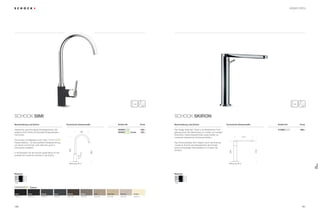 181180
SCHOCK Simi SCHOCK SKiron
Klassische, geschwungene Einstiegsarmatur, die
aufgrund ihrer Größe mit fast jeder Einbausituation
harmoniert.
Die Armatur ist teillackiert und in zehn ®
Farben lieferbar – für eine perfekte Farbabstimmung
von Spüle und Armatur oder alternativ auch in
Chromoptik erhältlich.
In Kombination mit der Schock Spüle Mono N-100
entsteht ein moderner Kontrast in der Küche.
Artikel-Nr. Artikel-Nr.Technische EinbaumaßeBeschreibung und Extras Beschreibung und ExtrasPreis PreisTechnische Einbaumaße
Das Design folgt dem Trend zu kontrastreicher Form-
gebung durch die Verbindung von runden und eckigen
Elementen. Diese Designarmatur passt perfekt zur
modernen italienischen Küchenarchitektur.
Das Premiumdesign wird möglich durch die Nutzung
moderner Technik wie beispielsweise den Einsatz
eines hochwertigen Flachperlators im Inneren der
Armatur.
®
Farben
Material
CHR
GIN (12)GBA (41)GON (10) GMC (63) GBT (42) GSA (58) GCM (14)GEV (26)GCO (08)GNE (13)
Colorado EverestGobiMocha CremaBetonInoxNero BasaltOnyx
Chrom
Material
CHR
Chrom
Bohrung 35 ø
245
260
210
Bohrung 35 ø
262
385
194
Armaturen
169,–
195,–
666,–505000
505000 -CodeCT
CHR 515000 CHR
SIMI
SKIRON
 