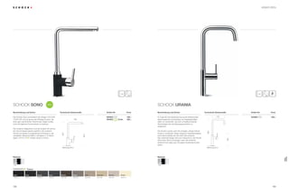 183182
SCHOCK Sono SCHOCK Urania
Die Armatur Sono symbolisiert den Slogan COLOUR
YOUR LIFE und ist genau das Richtige für jene, die
ihren ganz persönlichen Geschmack zeigen wollen,
ohne mit jeglichen Konventionen zu brechen.
Die moderne Galgenform und der Auslauf mit schma-
lem Durchmesser passen perfekt in die moderne
Küche und stehen in angenehmem Kontrast zu der
verspielten Altbauarchitektur. Verfügbar in 10 leben-
digen ®
Farben sowie in Chrom.
Im Zuge der Konzeptionierung wurde insbesondere
darauf geachtet hochwertige und langlebige Mate-
rialien zu verwenden, als auch umweltschonende
Technologien wie die Wassersparfunktion zu
integrieren.
Die Armatur wurde unter der Vorgabe „design follows
function“ entwickelt. Dieser Anspruch beeinflusstselbst
solch kleine Details wie die Höhe des Auslaufs.
Das schlichte Design wird zum Hingucker in der Küche
ohne einen Stil zu erzwingen, denn die schlichte,
einfache Form lässt sich mit jedem Küchenstil kombi-
nieren.
Artikel-Nr. Artikel-Nr.Technische EinbaumaßeBeschreibung und Extras Beschreibung und ExtrasPreis PreisTechnische Einbaumaße
NEU
®
Farben
Material
CHR
GIN (12)GBA (41)GON (10) GMC (63) GBT (42) GSA (58) GCM (14)GEV (26)GCO (08)GNE (13)
Colorado EverestGobiMocha CremaBetonInoxNero BasaltOnyx
Chrom
Material
CHR
Chrom
Bohrung 35 ø
182
394
178
Bohrung 35 ø
323
343
189
Armaturen
199,–
229,–
429,–544000 CHR504000
504000 -CodeCT
CHR
SONO
URANIA
 