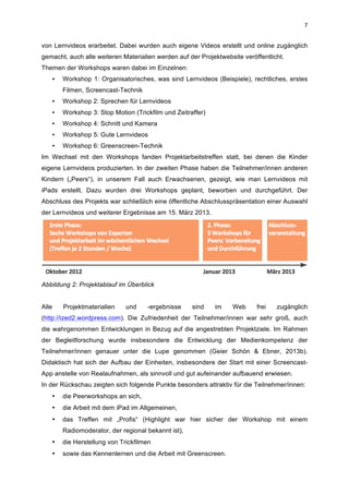  
7	
  
von Lernvideos erarbeitet. Dabei wurden auch eigene Videos erstellt und online zugänglich
gemacht, auch alle weiteren Materialien werden auf der Projektwebsite veröffentlicht.
Themen der Workshops waren dabei im Einzelnen:
• Workshop 1: Organisatorisches, was sind Lernvideos (Beispiele), rechtliches, erstes
Filmen, Screencast-Technik
• Workshop 2: Sprechen für Lernvideos
• Workshop 3: Stop Motion (Trickfilm und Zeitraffer)
• Workshop 4: Schnitt und Kamera
• Workshop 5: Gute Lernvideos
• Workshop 6: Greenscreen-Technik
Im Wechsel mit den Workshops fanden Projektarbeitstreffen statt, bei denen die Kinder
eigene Lernvideos produzierten. In der zweiten Phase haben die Teilnehmer/innen anderen
Kindern („Peers“), in unserem Fall auch Erwachsenen, gezeigt, wie man Lernvideos mit
iPads erstellt. Dazu wurden drei Workshops geplant, beworben und durchgeführt. Der
Abschluss des Projekts war schließlich eine öffentliche Abschlusspräsentation einer Auswahl
der Lernvideos und weiterer Ergebnisse am 15. März 2013.
Abbildung 2: Projektablauf im Überblick
Alle Projektmaterialien und -ergebnisse sind im Web frei zugänglich
(http://ized2.wordpress.com). Die Zufriedenheit der Teilnehmer/innen war sehr groß, auch
die wahrgenommen Entwicklungen in Bezug auf die angestrebten Projektziele. Im Rahmen
der Begleitforschung wurde insbesondere die Entwicklung der Medienkompetenz der
Teilnehmer/innen genauer unter die Lupe genommen (Geier Schön & Ebner, 2013b).
Didaktisch hat sich der Aufbau der Einheiten, insbesondere der Start mit einer Screencast-
App anstelle von Realaufnahmen, als sinnvoll und gut aufeinander aufbauend erwiesen.
In der Rückschau zeigten sich folgende Punkte besonders attraktiv für die Teilnehmer/innen:
• die Peerworkshops an sich,
• die Arbeit mit dem iPad im Allgemeinen,
• das Treffen mit „Profis“ (Highlight war hier sicher der Workshop mit einem
Radiomoderator, der regional bekannt ist),
• die Herstellung von Trickfilmen
• sowie das Kennenlernen und die Arbeit mit Greenscreen.
 