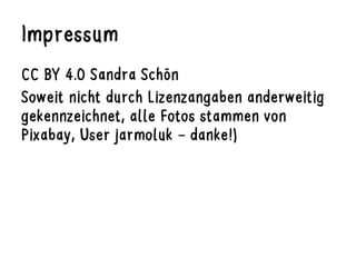 Impressum
CC BY 4.0 Sandra Schön
Soweit nicht durch Lizenzangaben anderweitig
gekennzeichnet, alle Fotos stammen von
Pixabay, User jarmoluk – danke!)
 