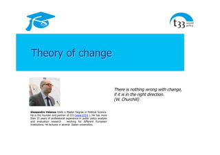 Theory of change
Alessandro Valenza holds a Master Degree in Political Science.
He is the founder and partner of t33 (www.t33.it ). He has more
than 15 years of professional experience in public policy analysis
and evaluation research working for different European
Institutions. He lectures in several Italian universities.
There is nothing wrong with change,
if it is in the right direction.
(W. Churchill)
 