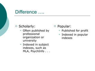 Difference …. Scholarly: Often published by professional organization or university  Indexed in subject indexes, such as MLA, PsychInfo . . .  Popular: Published for profit Indexed in popular indexes 
