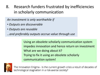 8.

Research funders frustrated by inefficiencies
in scholarly communication

An investment is only worthwhile if
• Outputs are discoverable
• Outputs are reusable
…and preferably outputs accrue value through use
Using an obsolete scholarly communication system
impedes innovation and hence return on investment
What are we doing about it?
Trying to fix it using an obsolete scholarly
communication system!

 