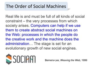 The Order of Social Machines
Real life is and must be full of all kinds of social
constraint – the very processes from which
society arises. Computers can help if we use
them to create abstract social machines on
the Web: processes in which the people do
the creative work and the machine does the
administration… The stage is set for an
evolutionary growth of new social engines.
Berners-Lee, Weaving the Web, 1999

 