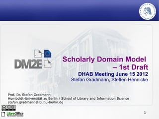 Scholarly Domain Model
                                              – 1st Draft
                                          DHAB Meeting June 15 2012
                                      Stefan Gradmann, Steffen Hennicke


Prof. Dr. Stefan Gradmann
Humboldt-Universität zu Berlin / School of Library and Information Science
stefan.gradmann@ibi.hu-berlin.de


                                                                             1
 