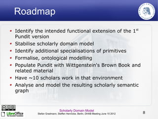 Roadmap
Identify the intended functional extension of the 1st
Pundit version
Stabilise scholarly domain model
Identify additional specialisations of primitives
Formalise, ontological modelling
Populate Pundit with Wittgenstein's Brown Book and
related material
Have ~10 scholars work in that environment
Analyse and model the resulting scholarly semantic
graph



                           Scholarly Domain Model
         Stefan Gradmann, Steffen Hennicke. Berlin, DHAB Meeting June 15 2012   8
 