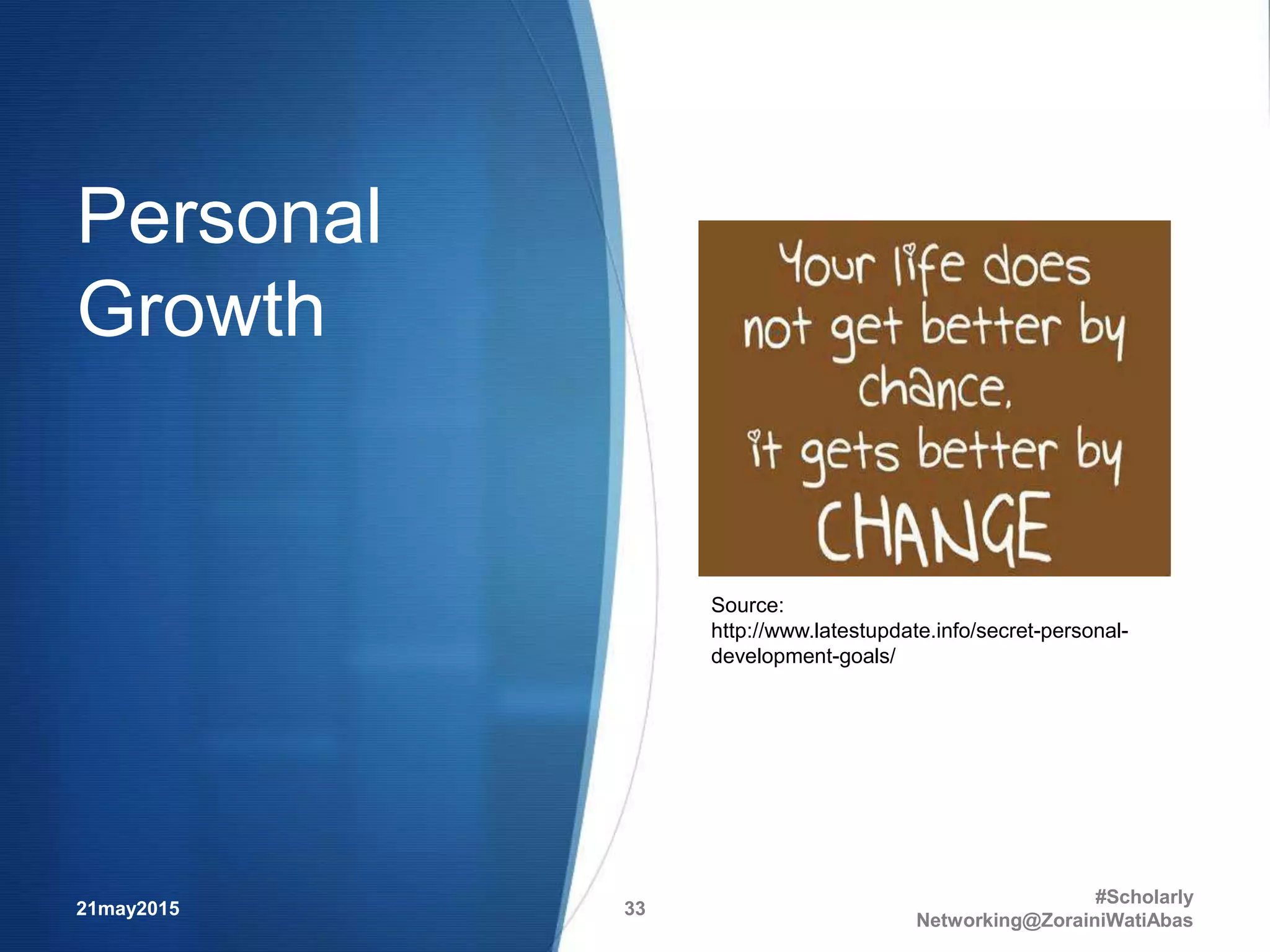 Personal
Growth
21may2015
#Scholarly
Networking@ZorainiWatiAbas
33
Source:
http://www.latestupdate.info/secret-personal-
development-goals/
 