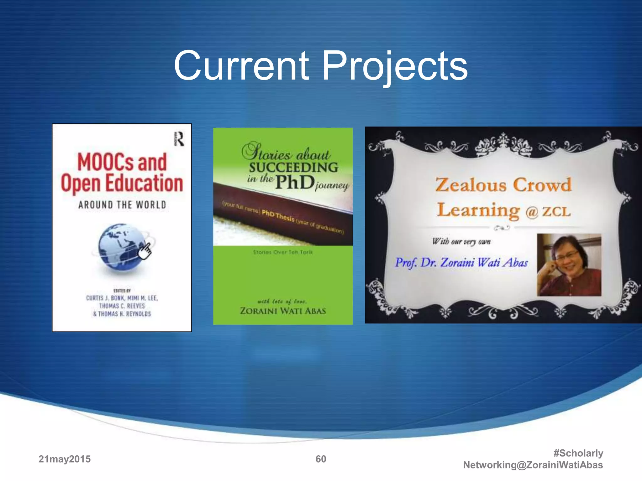 Current Projects
21may2015
#Scholarly
Networking@ZorainiWatiAbas
60
 
