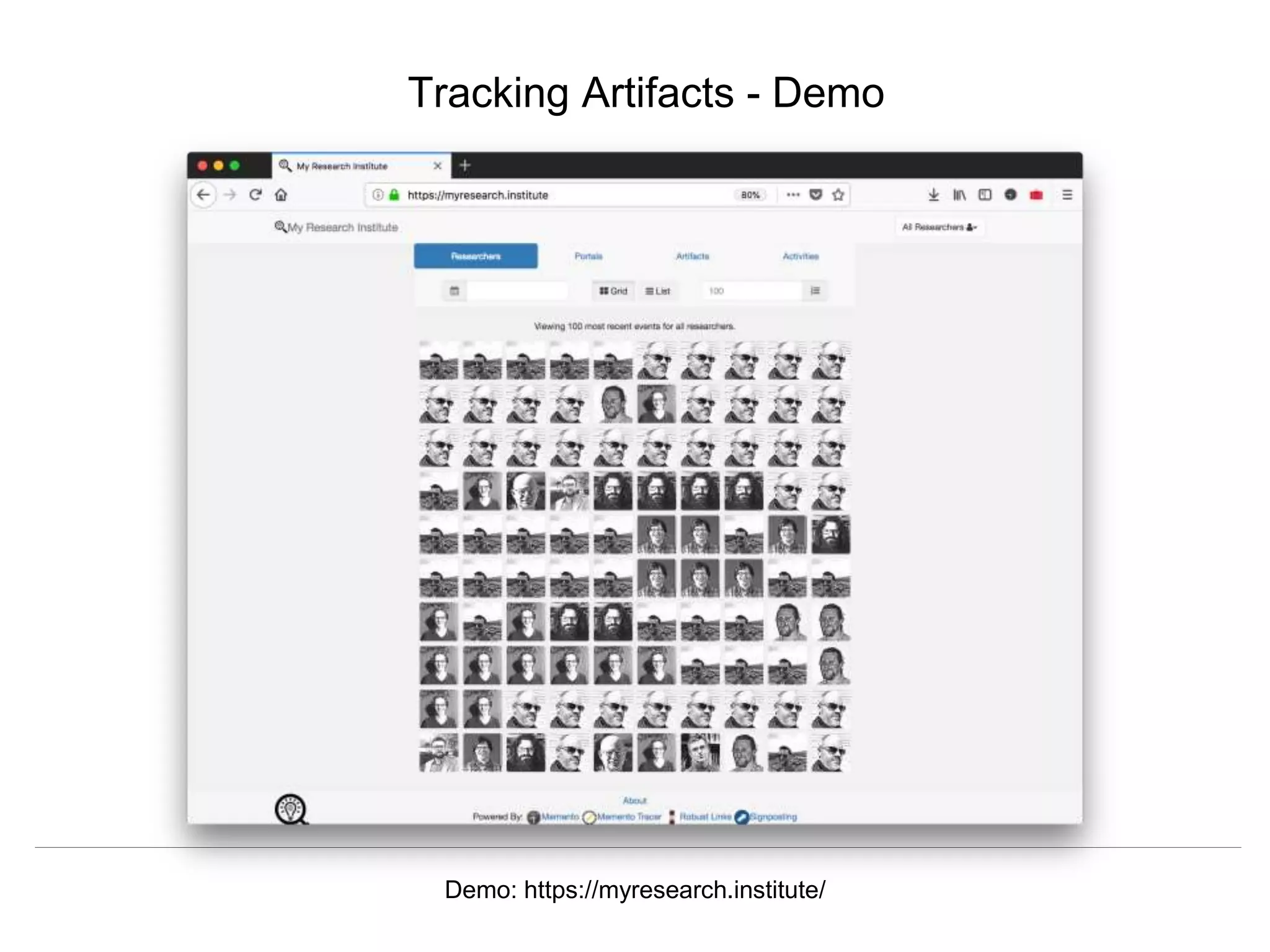 @mart1nkle1n @hvdsomp
TPDL2018, Porto, Portugal, 12 Sep 2018
Tracking Artifacts - Demo
Demo: https://myresearch.institute/
 