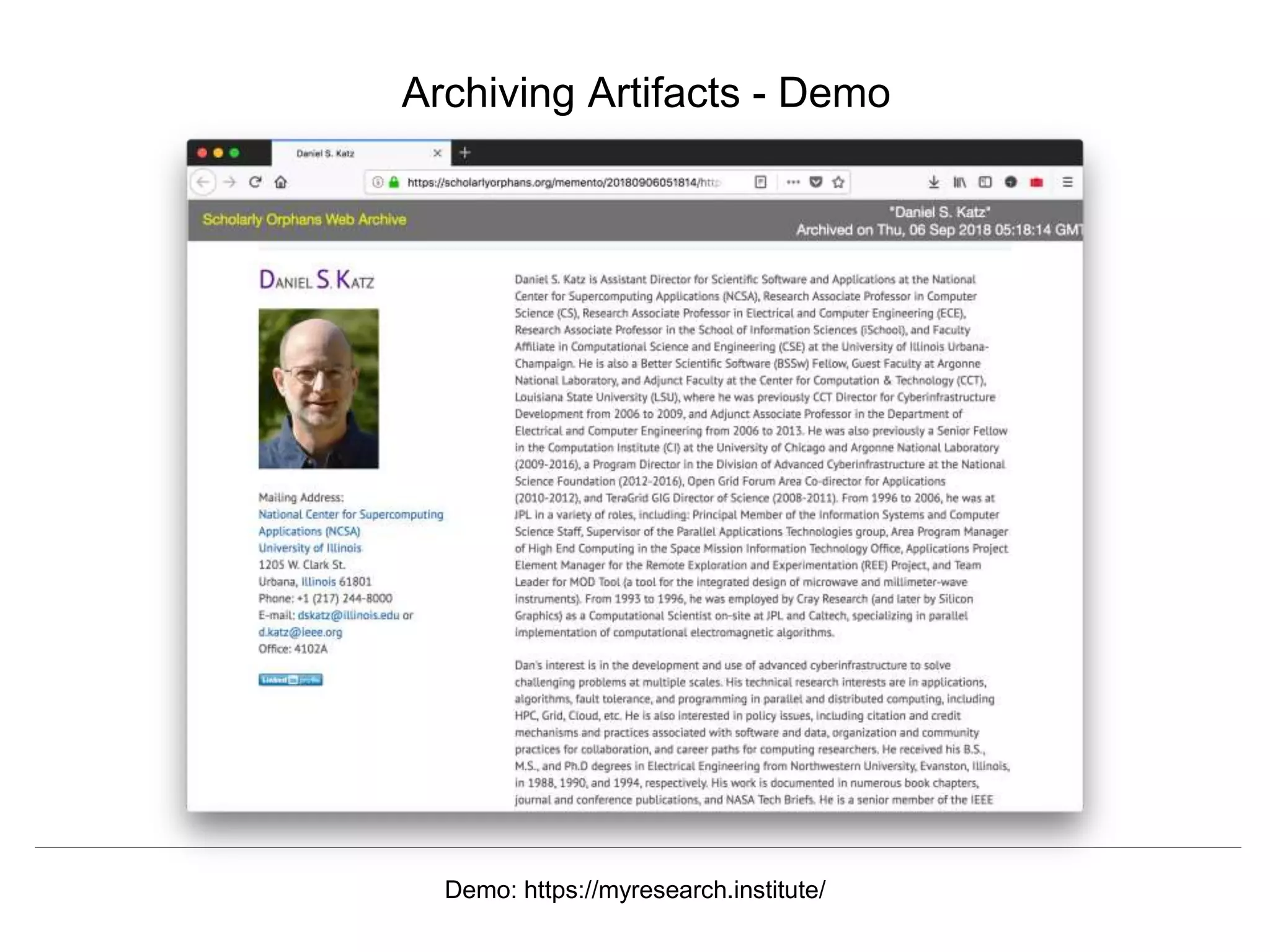 @mart1nkle1n @hvdsomp
TPDL2018, Porto, Portugal, 12 Sep 2018
Archiving Artifacts - Demo
Demo: https://myresearch.institute/
 