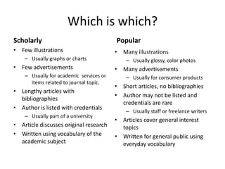 Which is which?
Scholarly                                Popular
• Few illustrations                      • Many illustrations
    – Usually graphs or charts               – Usually glossy, color photos
• Few advertisements                     • Many advertisements
    – Usually for academic services or       – Usually for consumer products
      items related to journal topic.
                                         • Short articles, no bibliographies
• Lengthy articles with
                                         • Author may not be listed and
  bibliographies
                                           credentials are rare
• Author is listed with credentials
                                             – Usually staff or freelance writers
    – Usually part of a university
                                         • Articles cover general interest
• Article discusses original research      topics
• Written using vocabulary of the        • Written for general public using
  academic subject                         everyday vocabulary
 