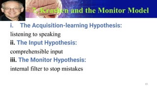 7. Krashen and the Monitor Model
i. The Acquisition-learning Hypothesis:
listening to speaking
ii. The Input Hypothesis:
comprehensible input
iii. The Monitor Hypothesis:
internal filter to stop mistakes
19
 