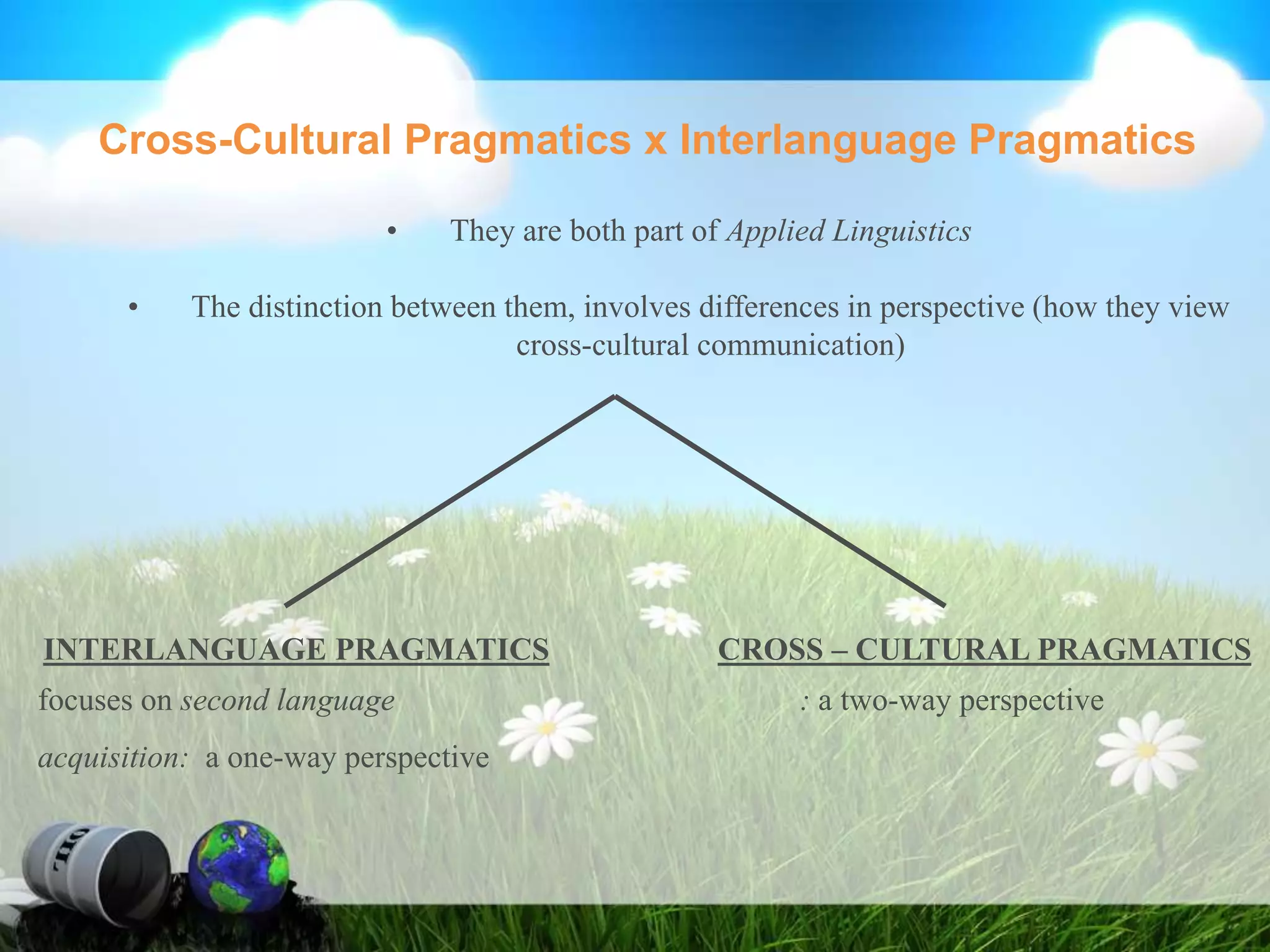 Cross-Cultural Pragmatics x Interlanguage Pragmatics
• They are both part of Applied Linguistics
• The distinction between them, involves differences in perspective (how they view
cross-cultural communication)
INTERLANGUAGE PRAGMATICS CROSS – CULTURAL PRAGMATICS
focuses on second language : a two-way perspective
acquisition: a one-way perspective
 