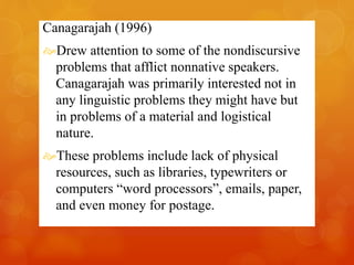 Canagarajah (1996) 
Drew attention to some of the nondiscursive 
problems that afflict nonnative speakers. 
Canagarajah was primarily interested not in 
any linguistic problems they might have but 
in problems of a material and logistical 
nature. 
These problems include lack of physical 
resources, such as libraries, typewriters or 
computers “word processors”, emails, paper, 
and even money for postage. 
 
