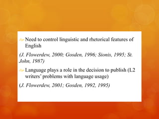 Need to control linguistic and rhetorical features of 
English 
(J. Flowerdew, 2000; Gosden, 1996; Sionis, 1995; St. 
John, 1987) 
 Language plays a role in the decision to publish (L2 
writers’ problems with language usage) 
(J. Flowerdew, 2001; Gosden, 1992, 1995) 
 