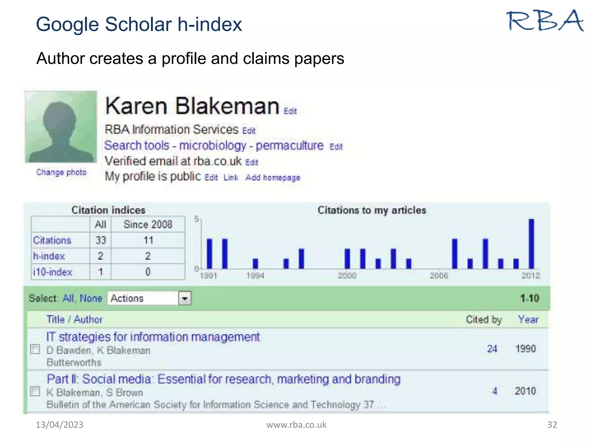 Google Scholar h-index
13/04/2023 www.rba.co.uk 32
Author creates a profile and claims papers
 