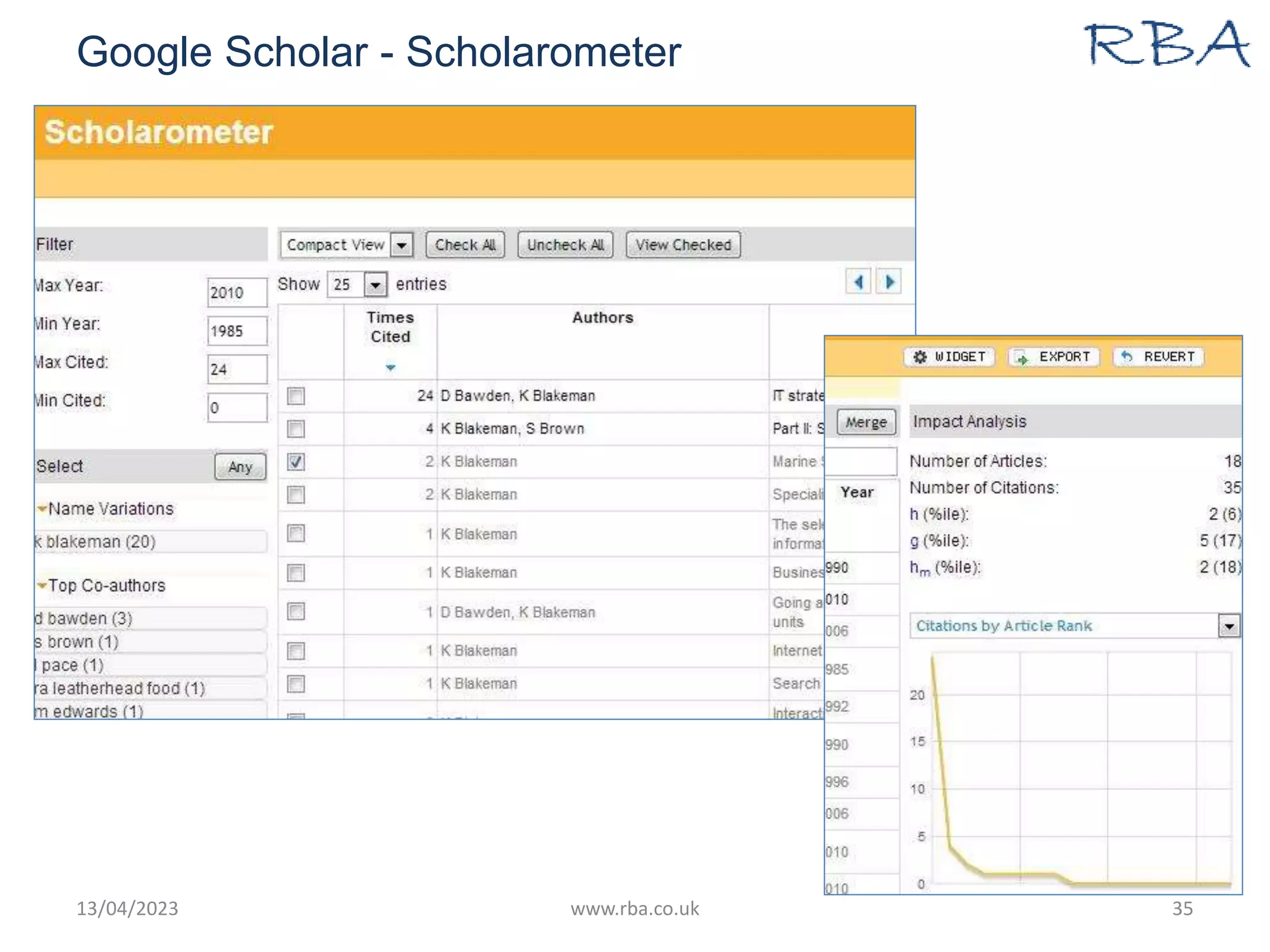 Google Scholar - Scholarometer
13/04/2023 www.rba.co.uk 35
 