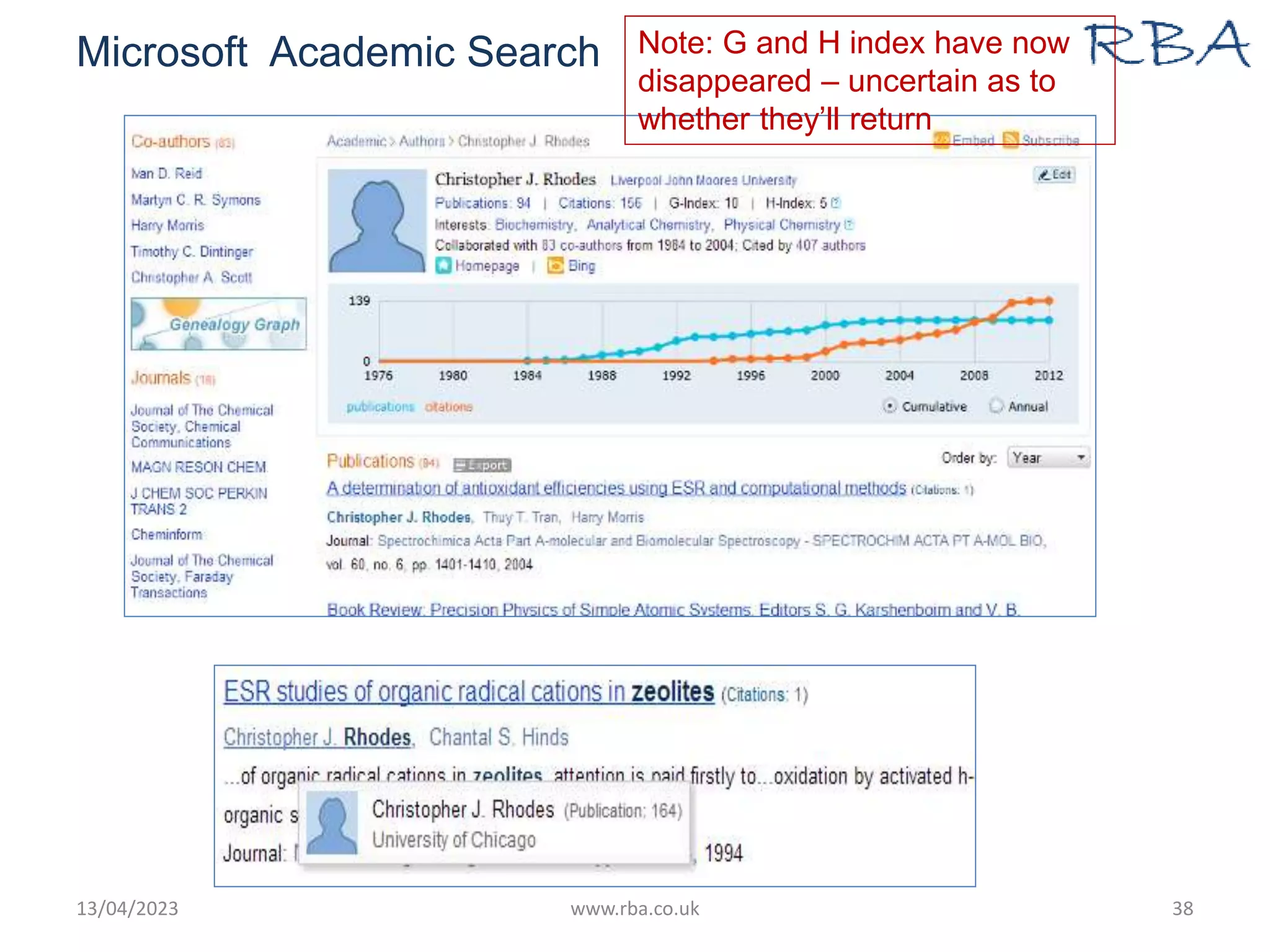 Microsoft Academic Search
13/04/2023 www.rba.co.uk 38
Note: G and H index have now
disappeared – uncertain as to
whether they’ll return
 